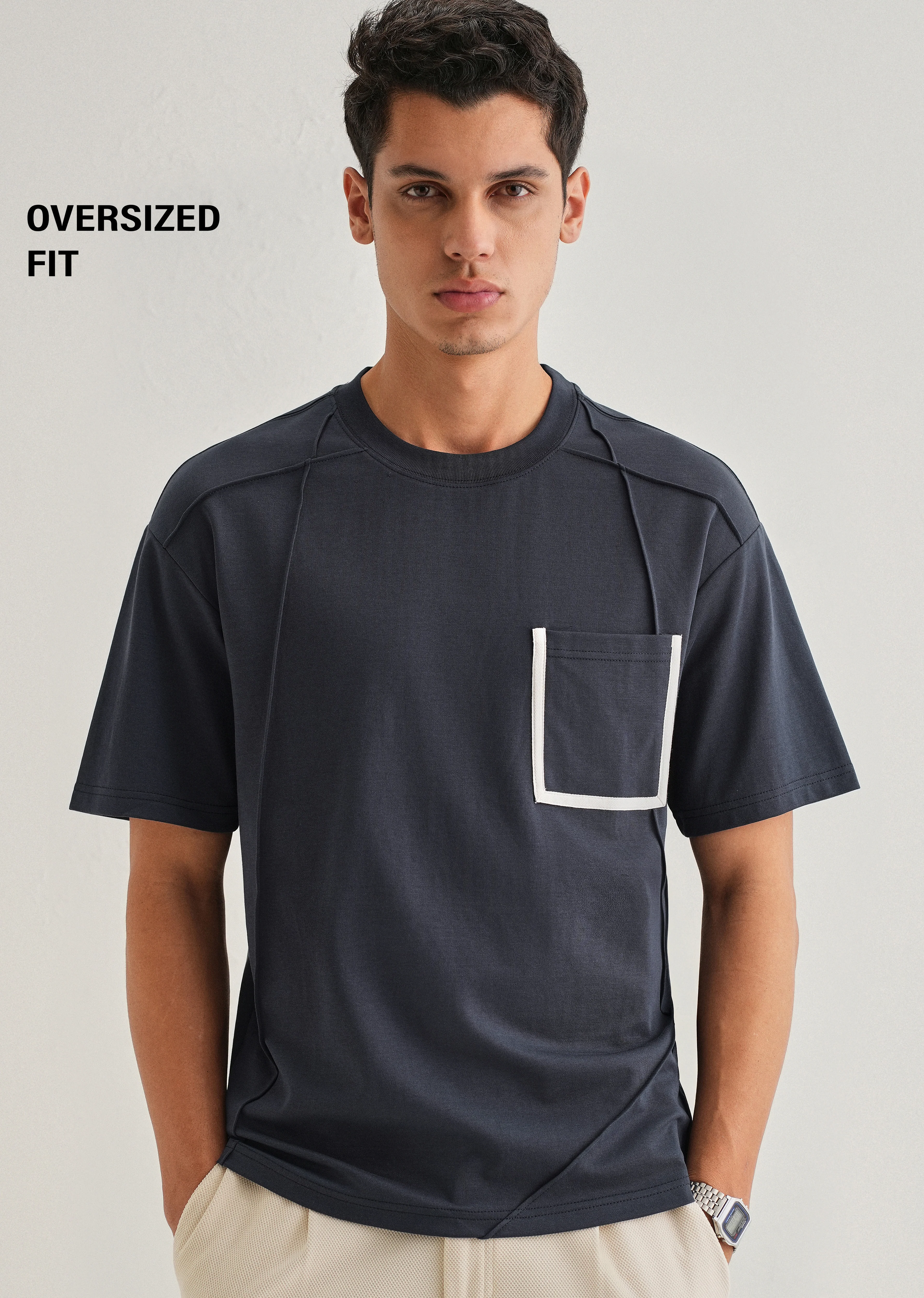 Navy Blue Cut & Sew Oversized T-shirt - Image 7