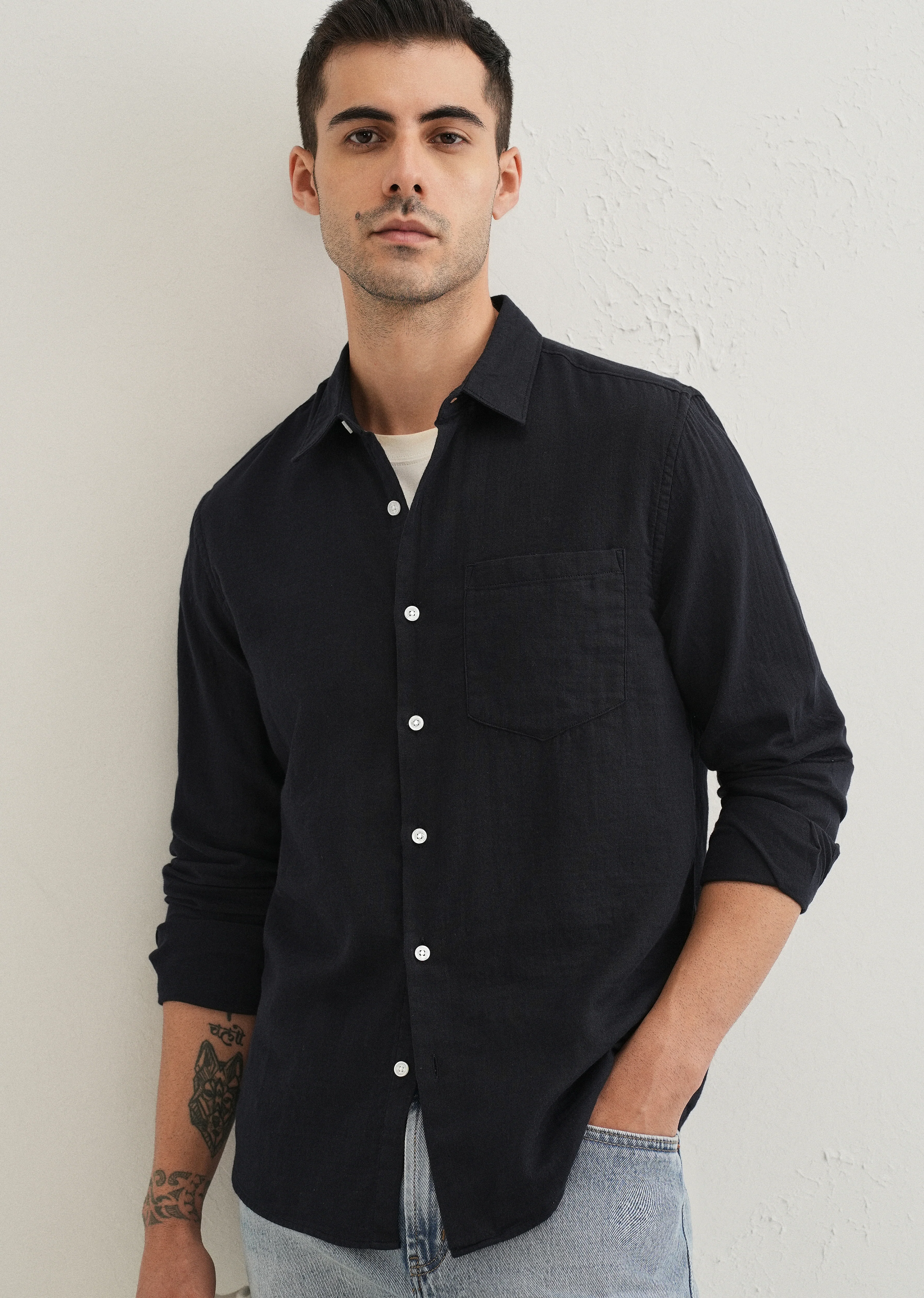 Navy Blue Double Cloth Cotton Shirt - Image 7