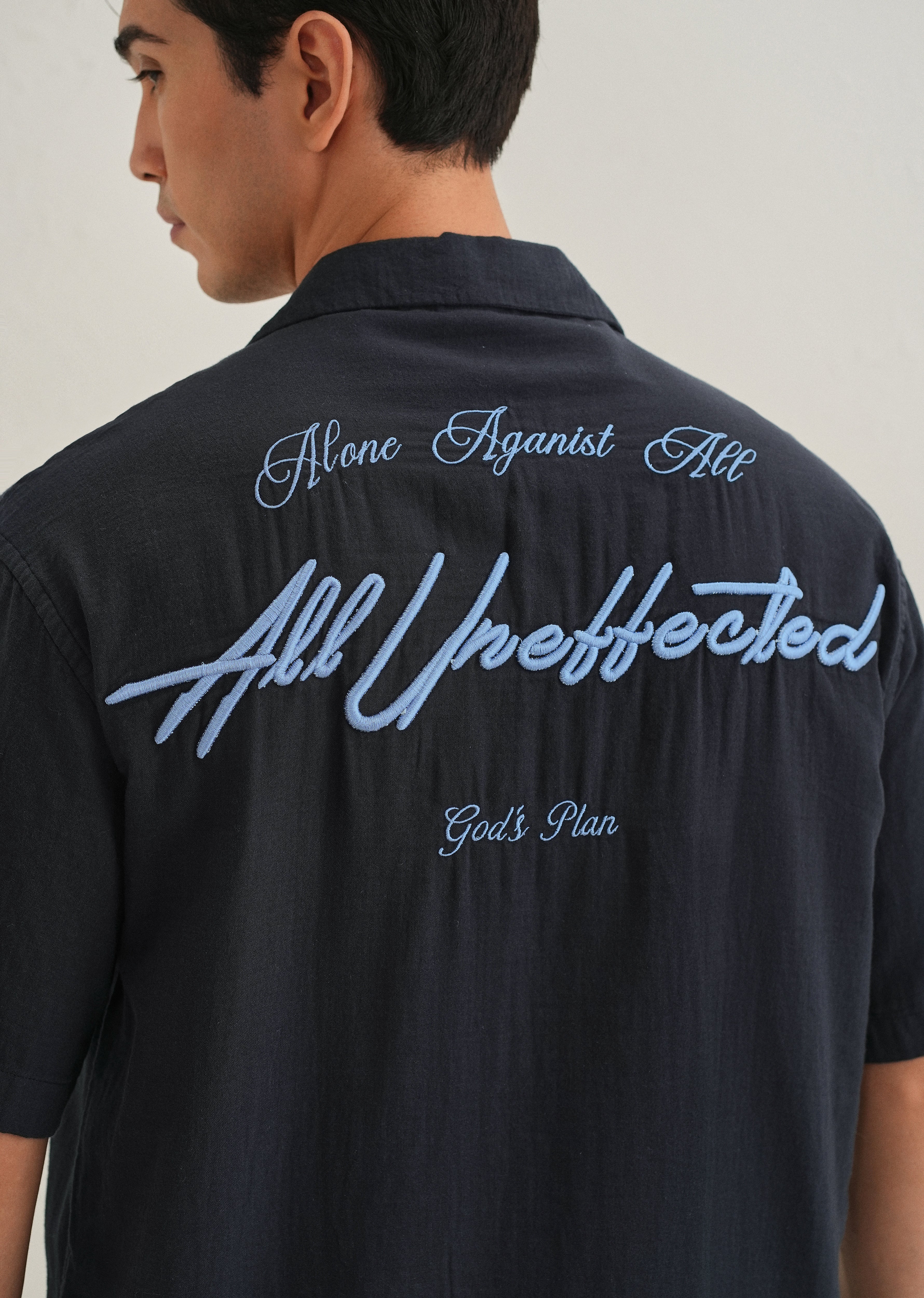 Navy Blue Embroidered Double Cloth Cotton Shirt - Image 2