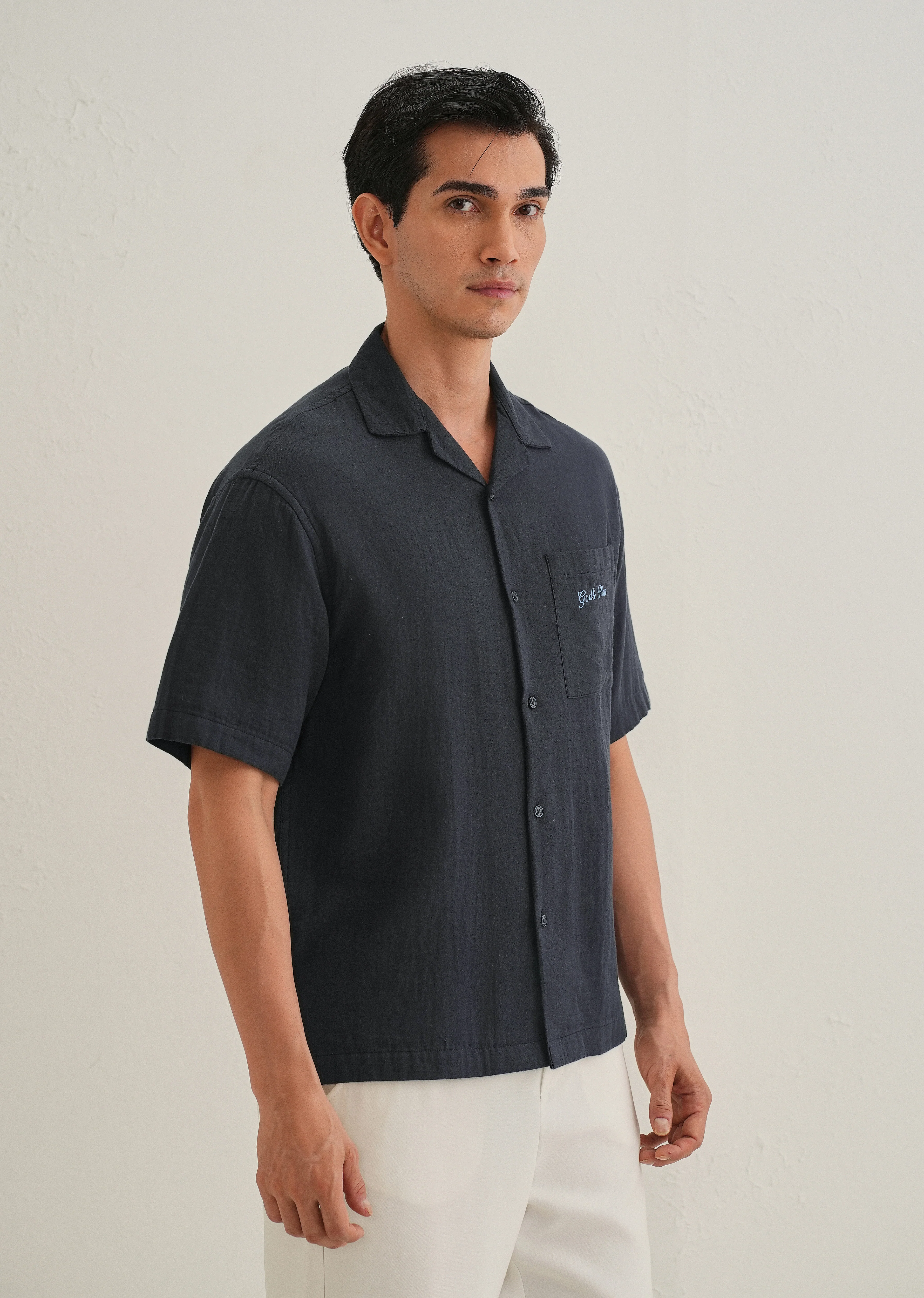 Navy Blue Embroidered Double Cloth Cotton Shirt - Image 5