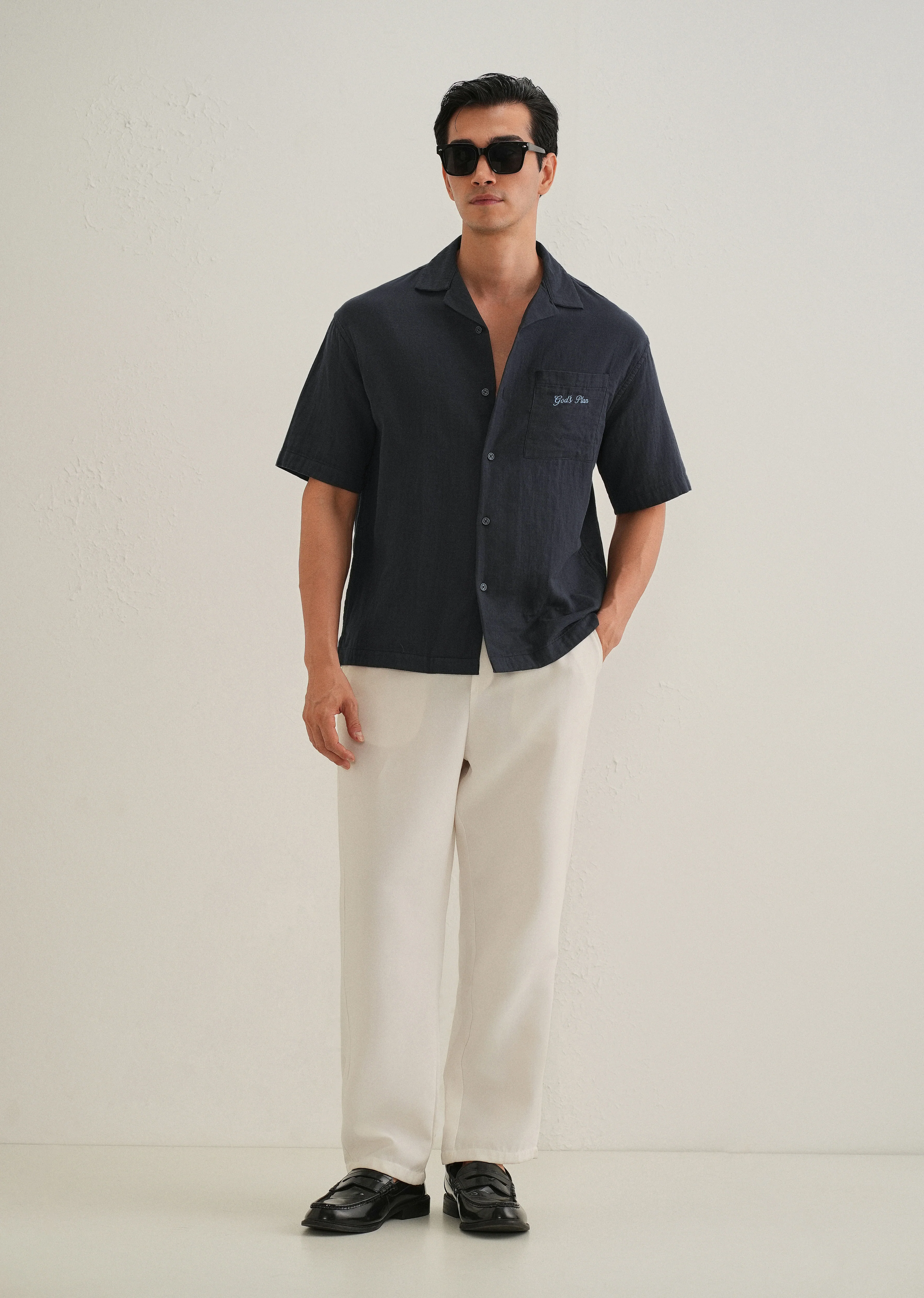 Navy Blue Embroidered Double Cloth Cotton Shirt - Image 7