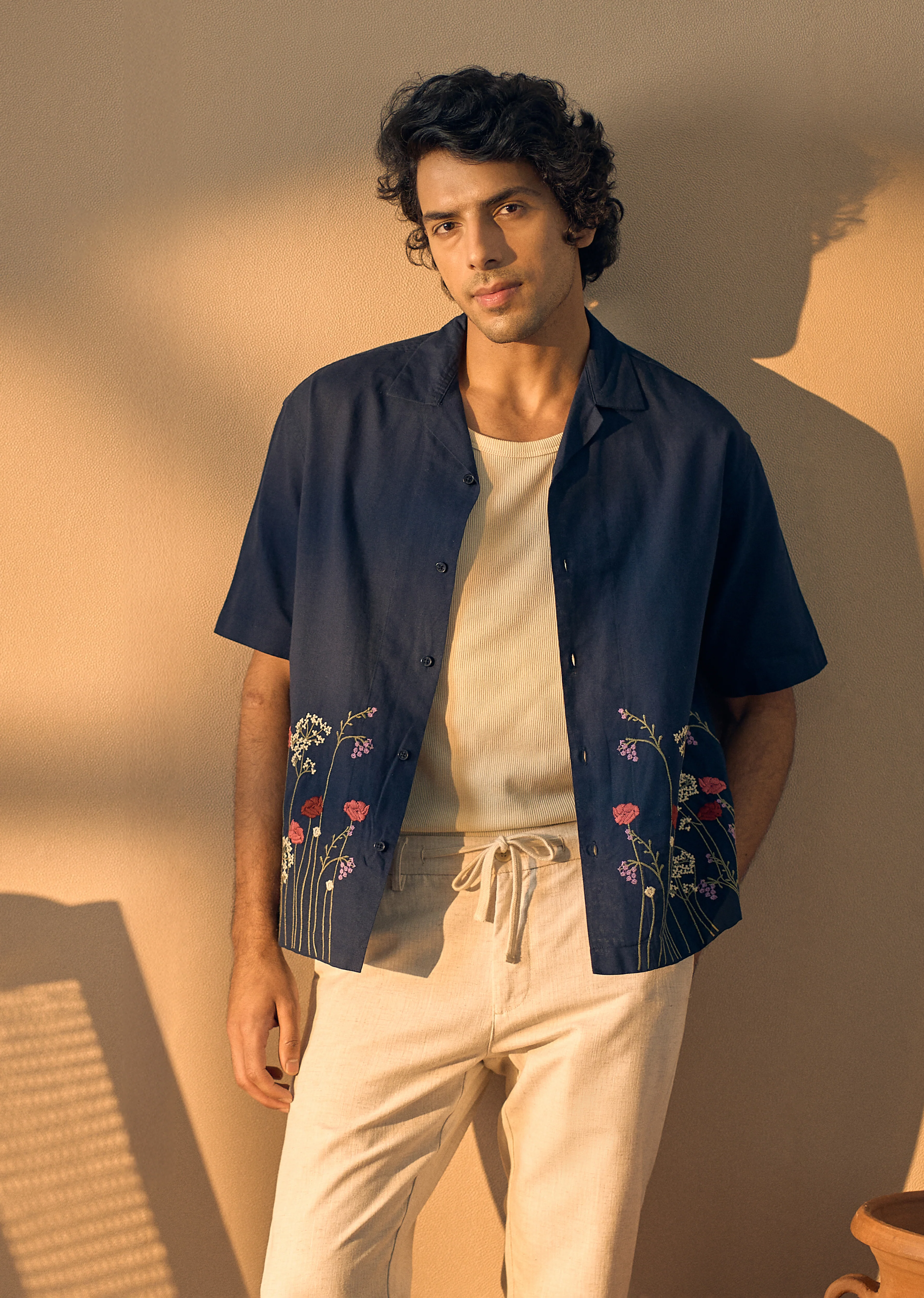 Navy Blue Floral Embroidery Linen Shirt - Image 2