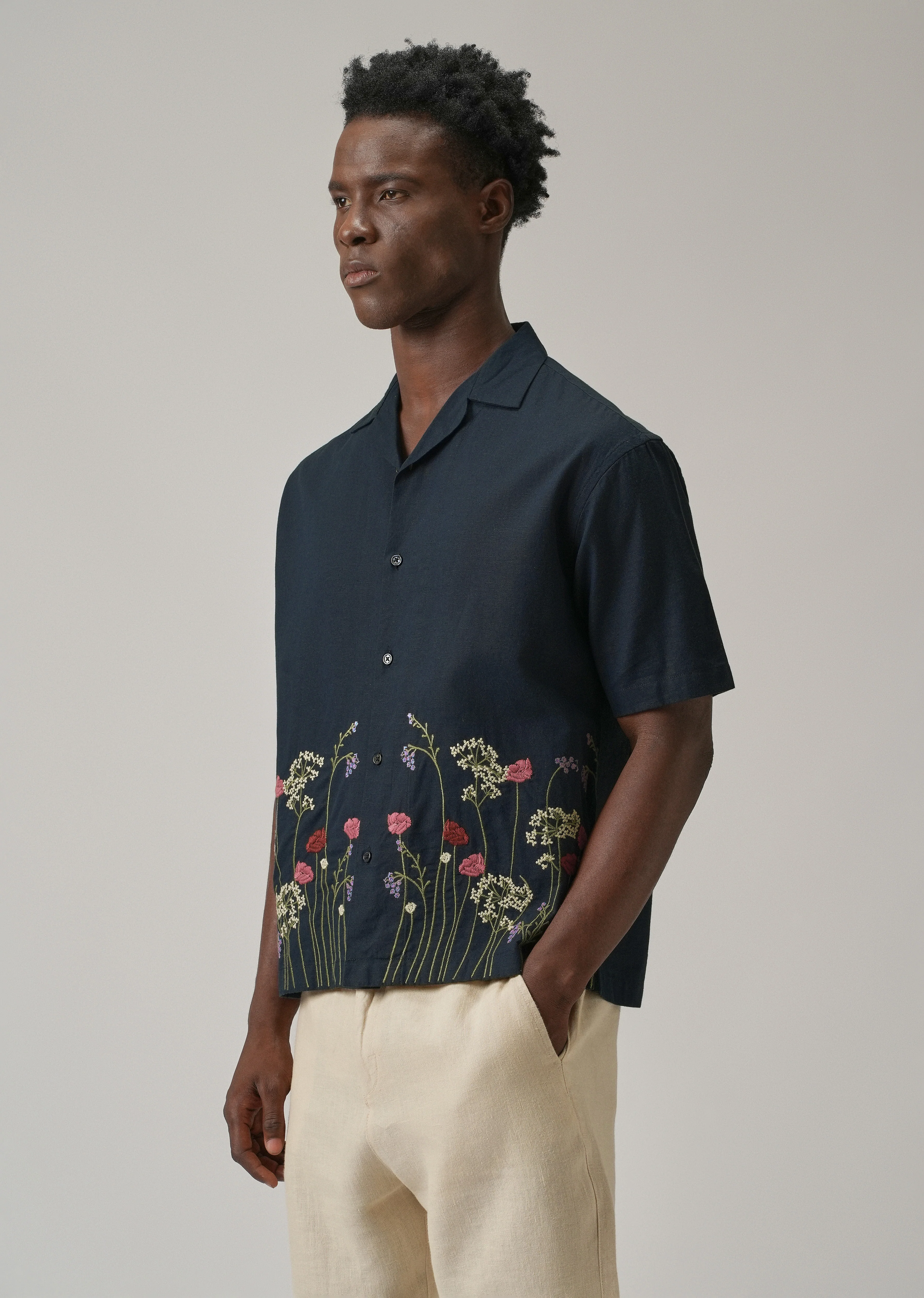 Navy Blue Floral Embroidery Linen Shirt - Image 5