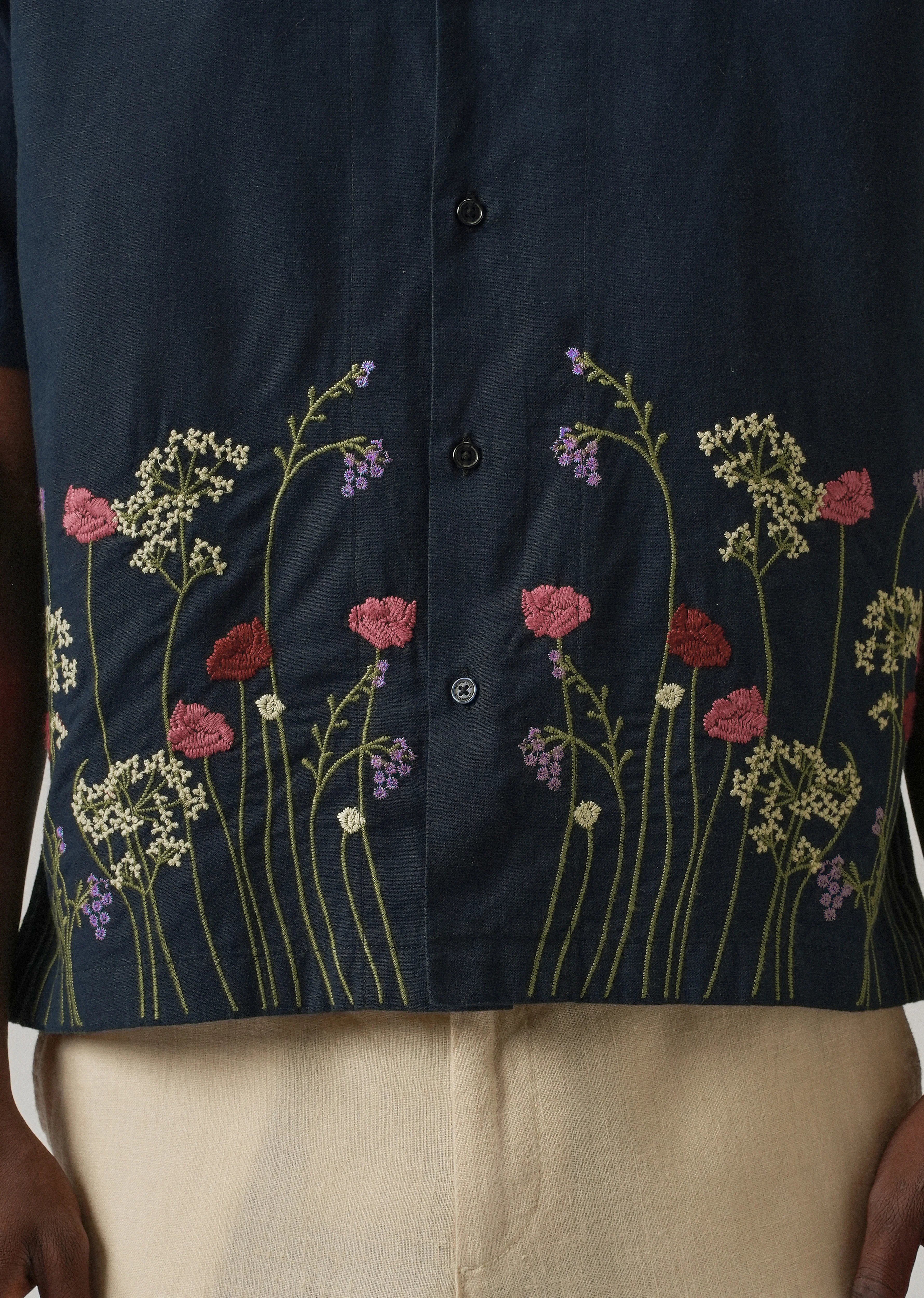 Navy Blue Floral Embroidery Linen Shirt - Image 6