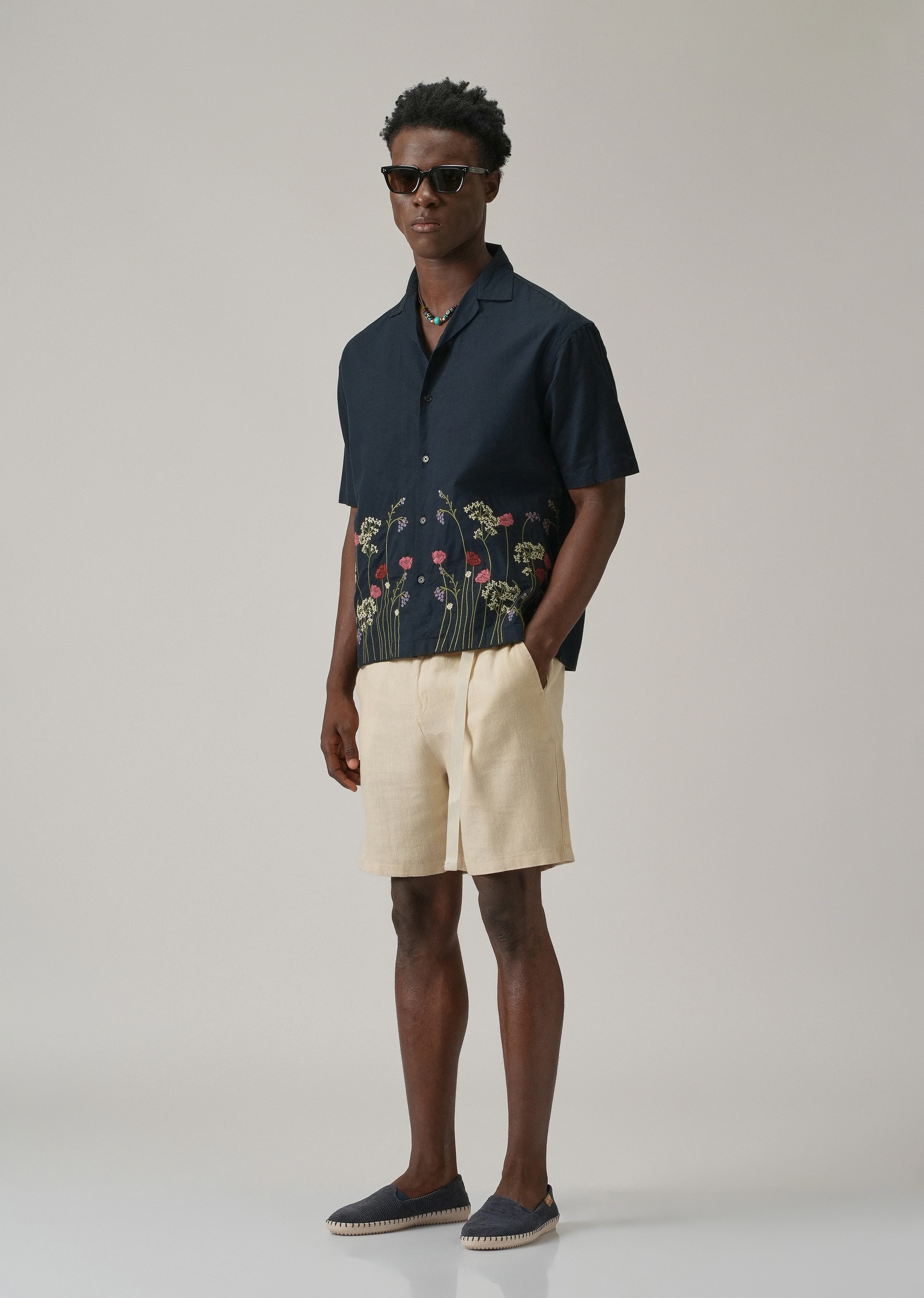 Navy Blue Floral Embroidery Linen Shirt - Image 7
