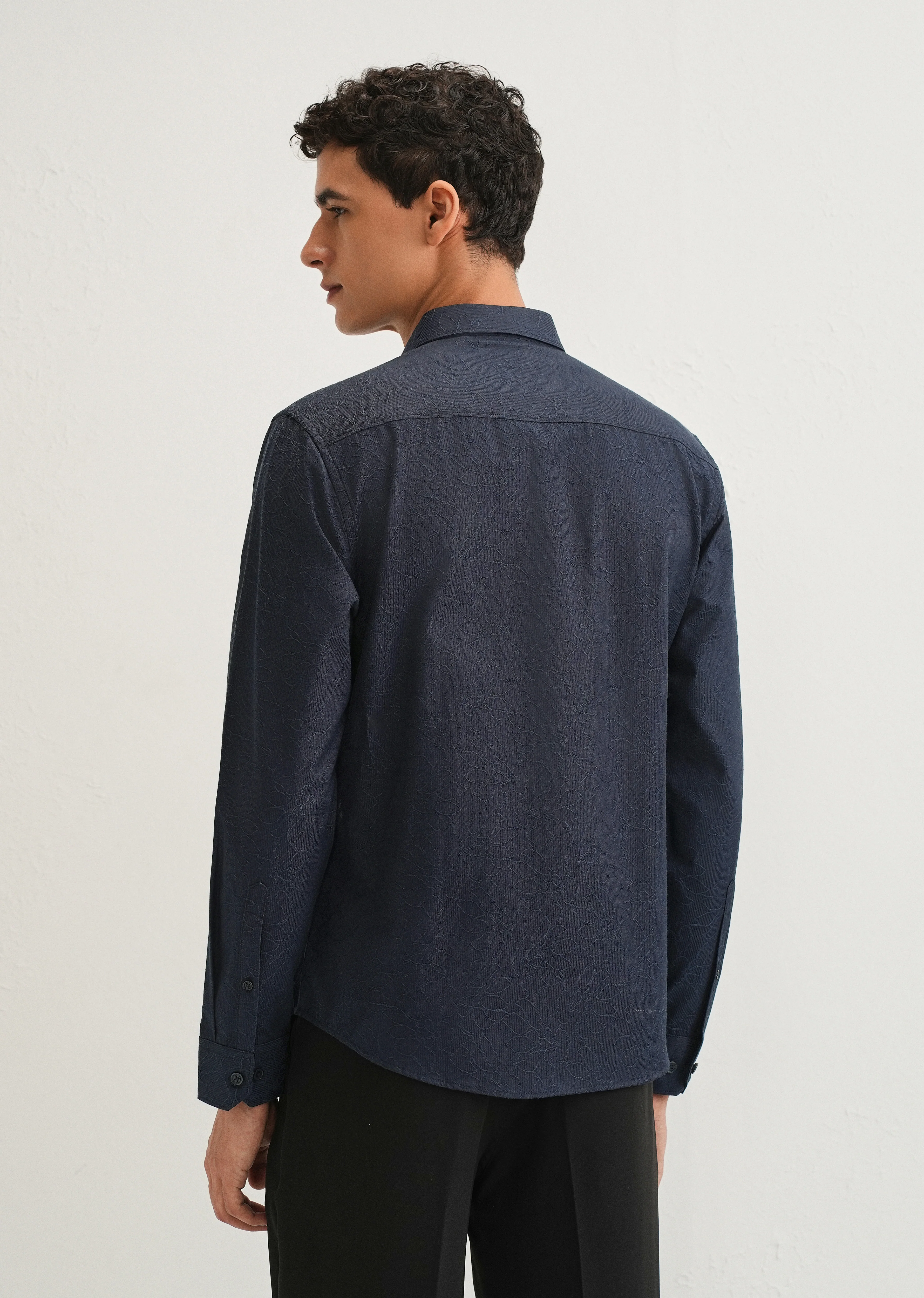 Navy Blue Floral Jacquard Shirt - Image 2