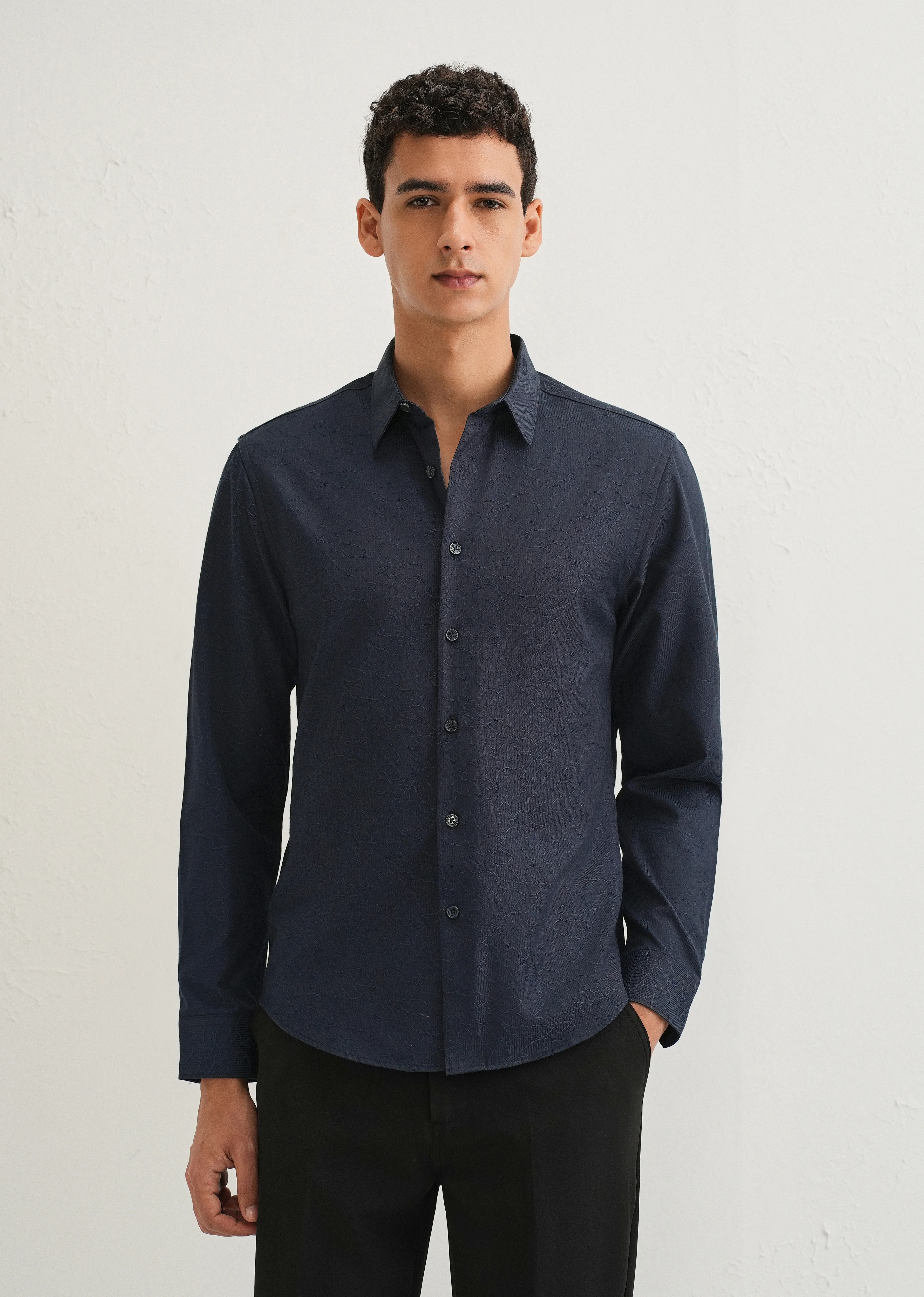 Navy Blue Floral Jacquard Shirt - Image 3