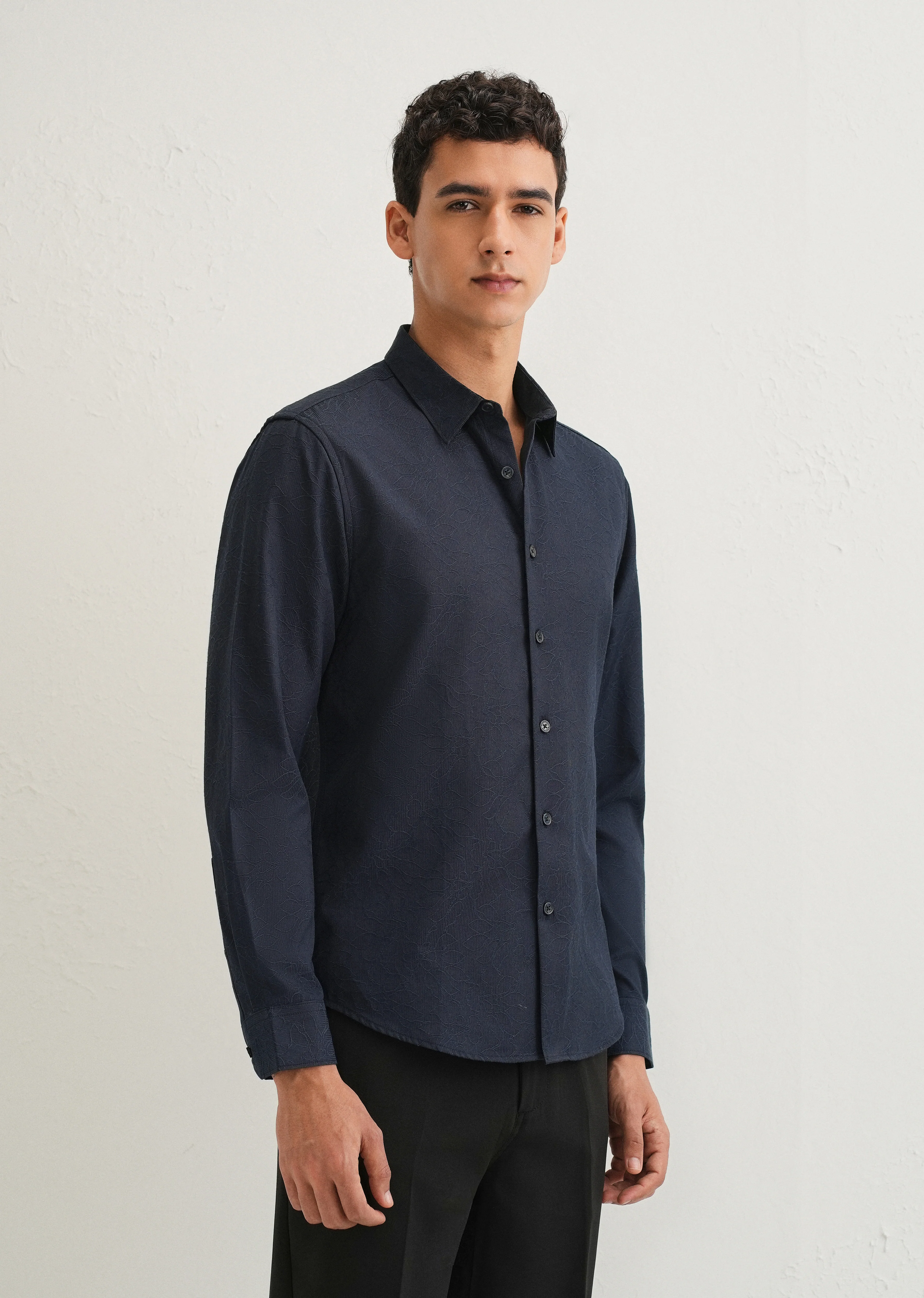 Navy Blue Floral Jacquard Shirt - Image 4