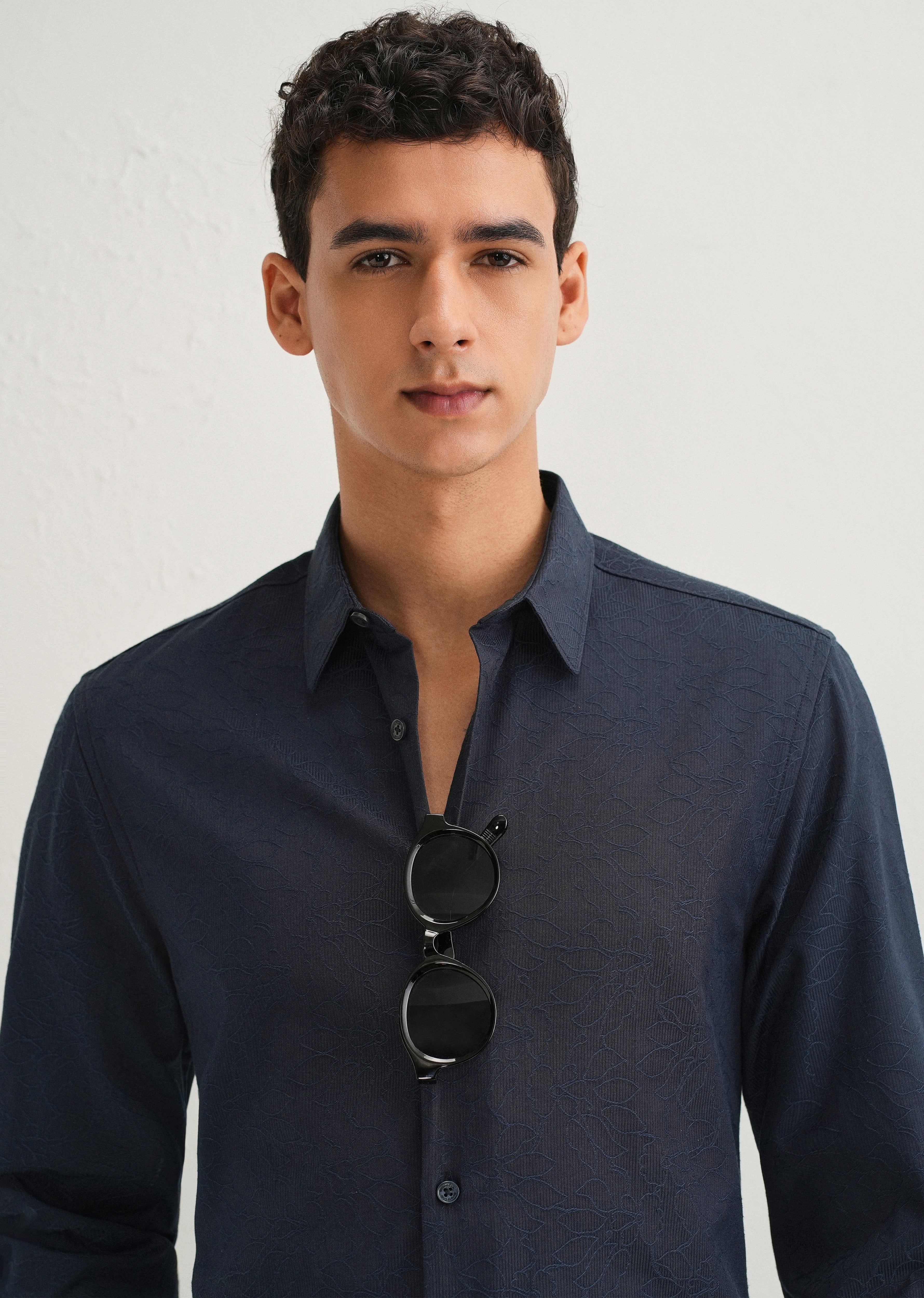 Navy Blue Floral Jacquard Shirt - Image 5