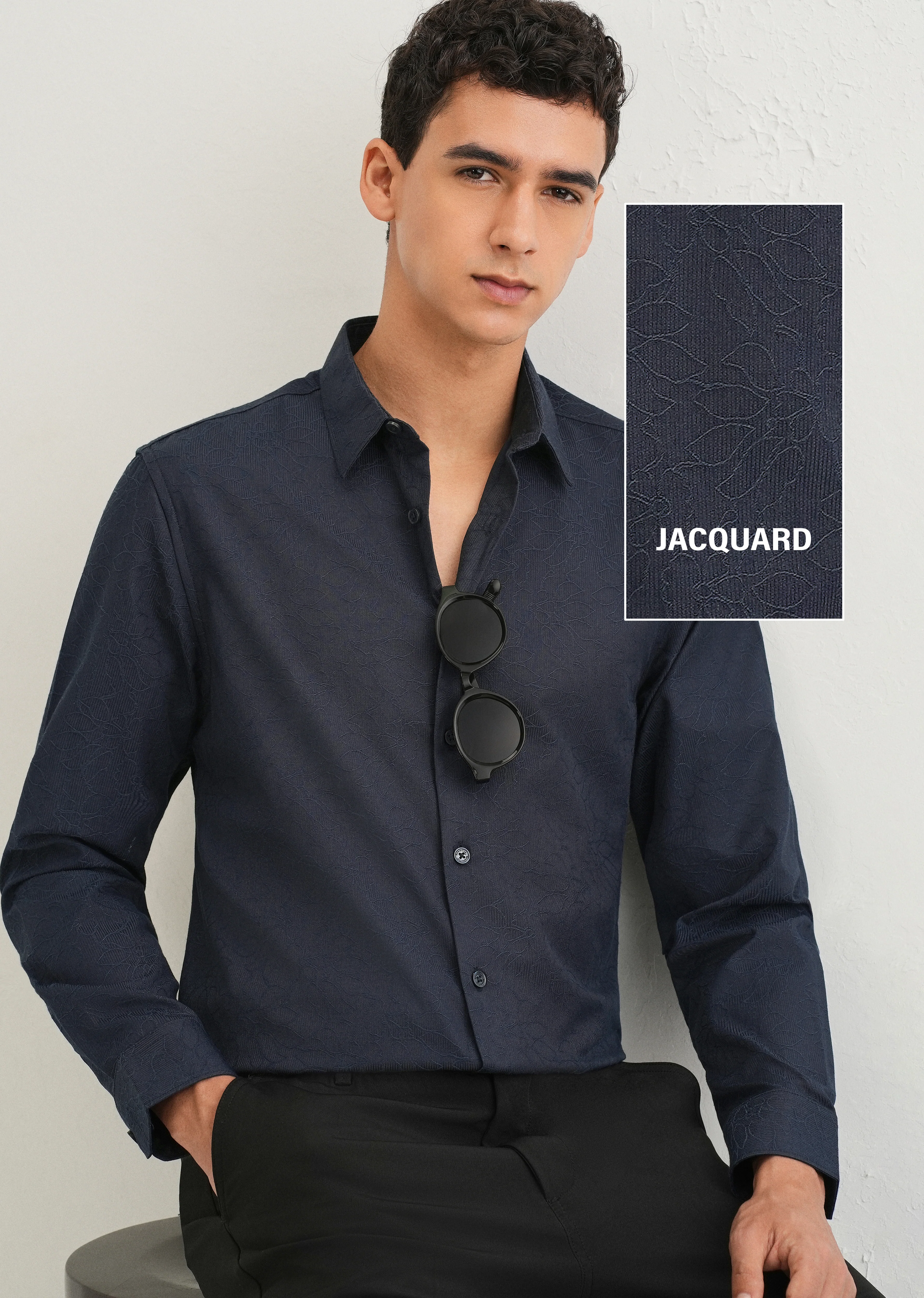 Navy Blue Floral Jacquard Shirt - Image 7