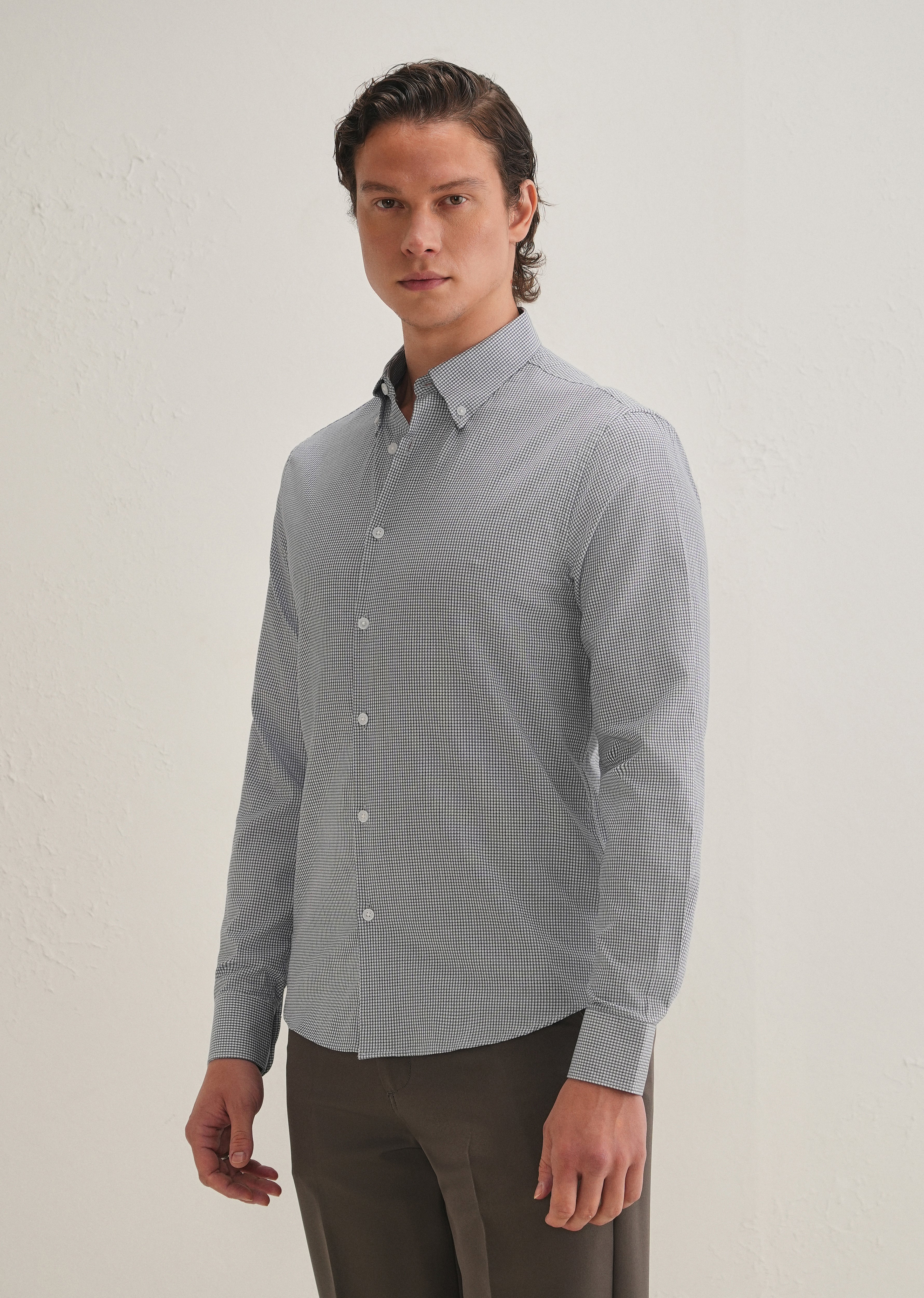 Navy Blue Geometric Dobby Cotton Shirt - Image 5