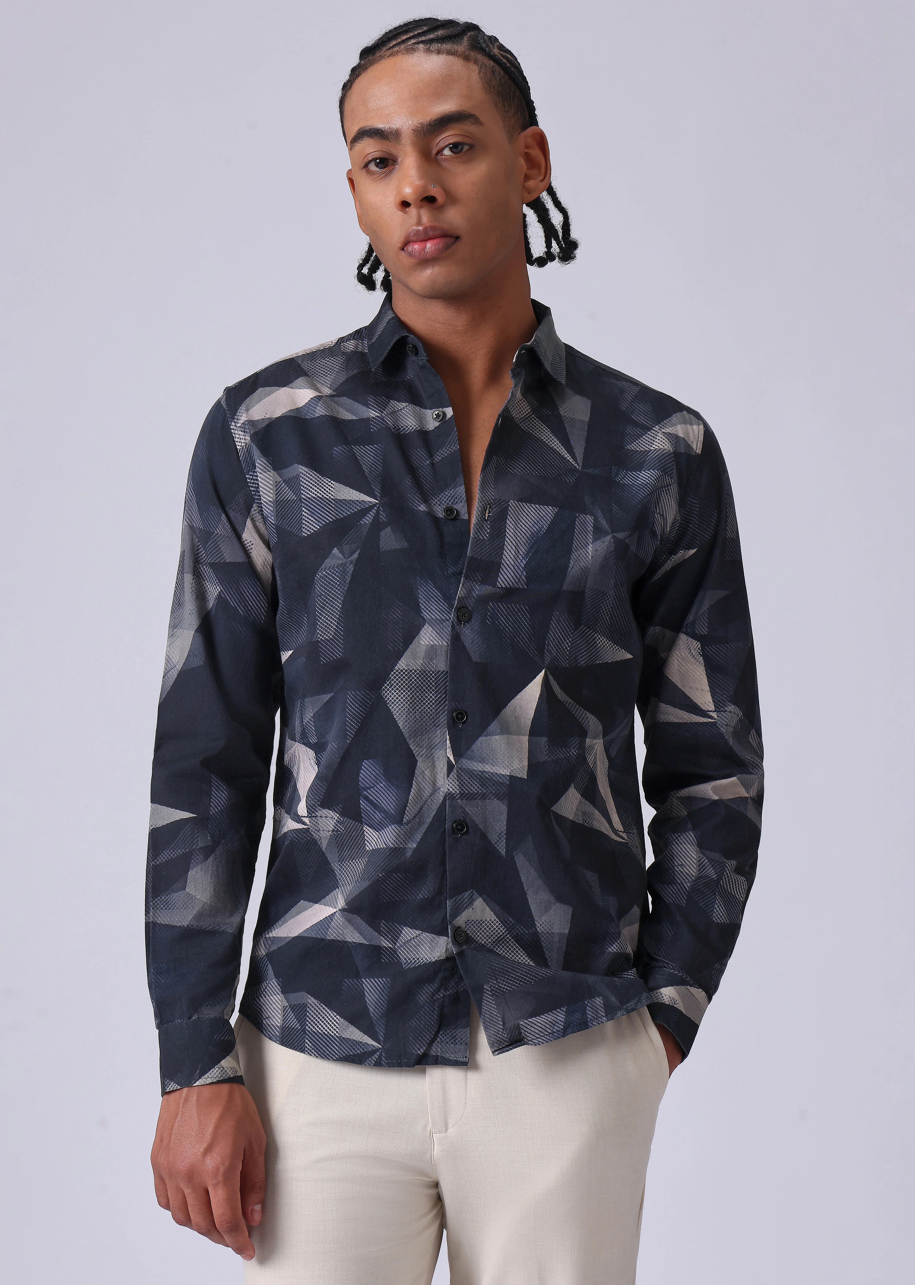 Navy Blue Geometric Print Shirt - Image 3