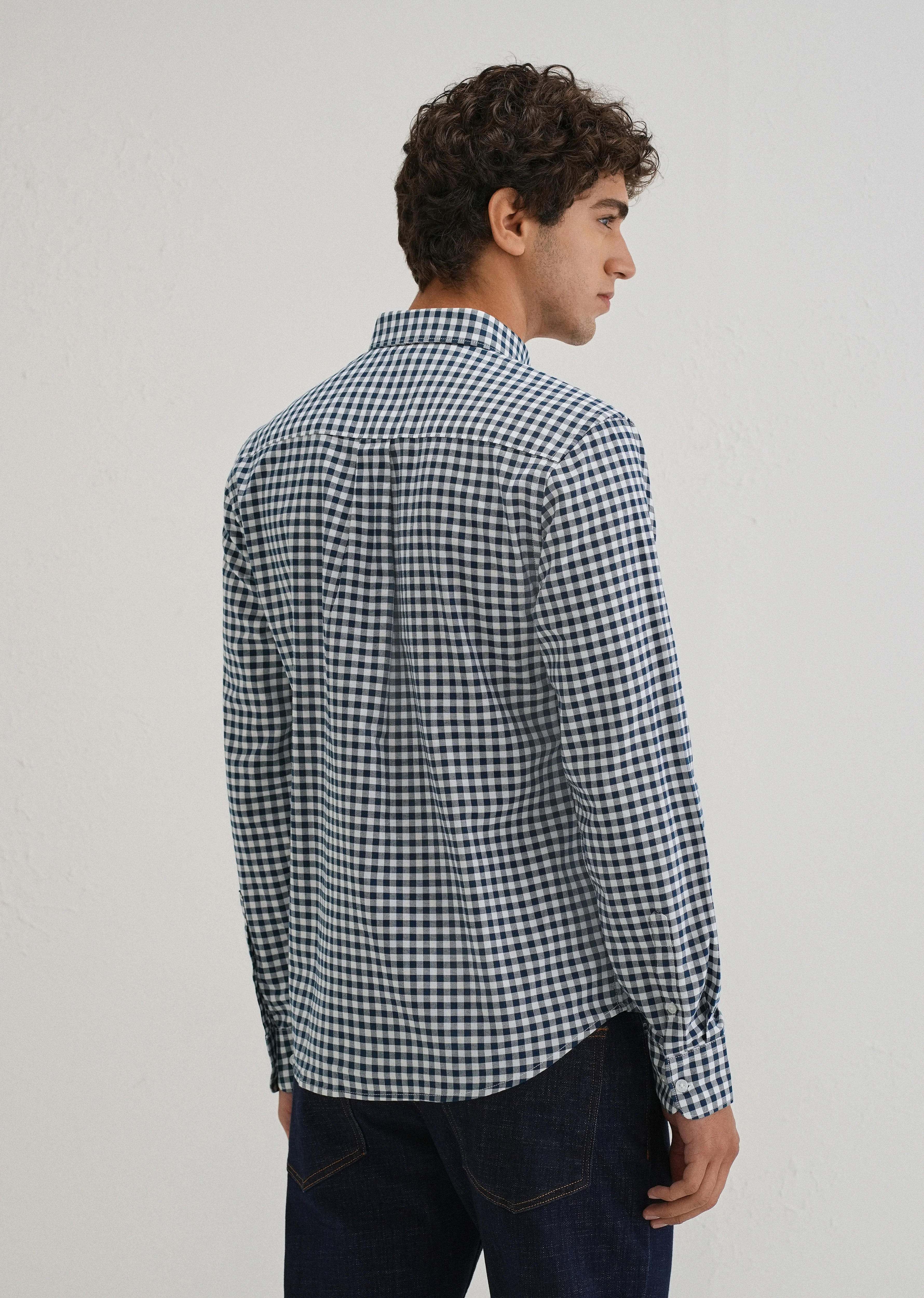 Navy Blue Gingham Check Cotton Oxford Shirt - Image 3