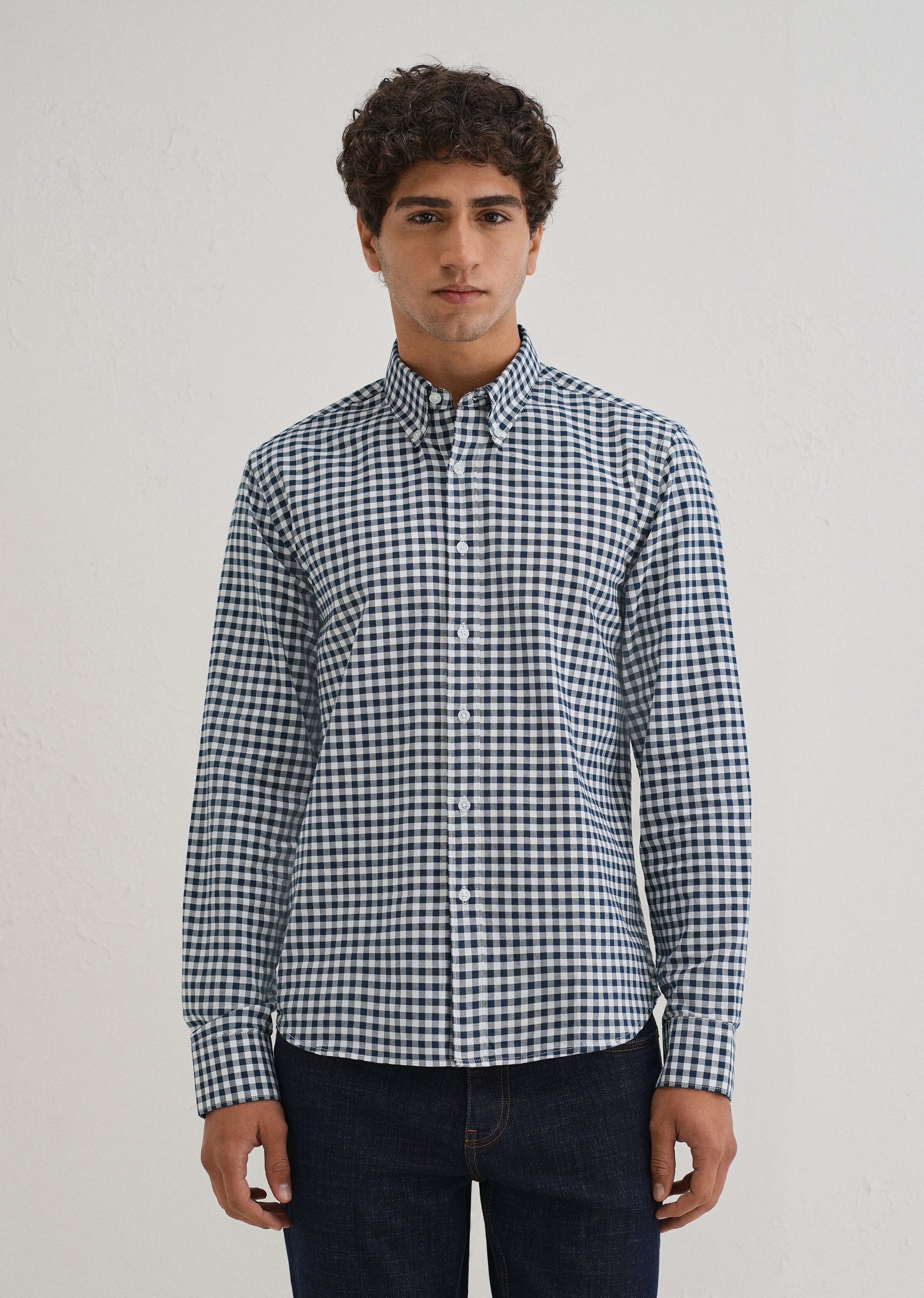 Navy Blue Gingham Check Cotton Oxford Shirt - Image 4