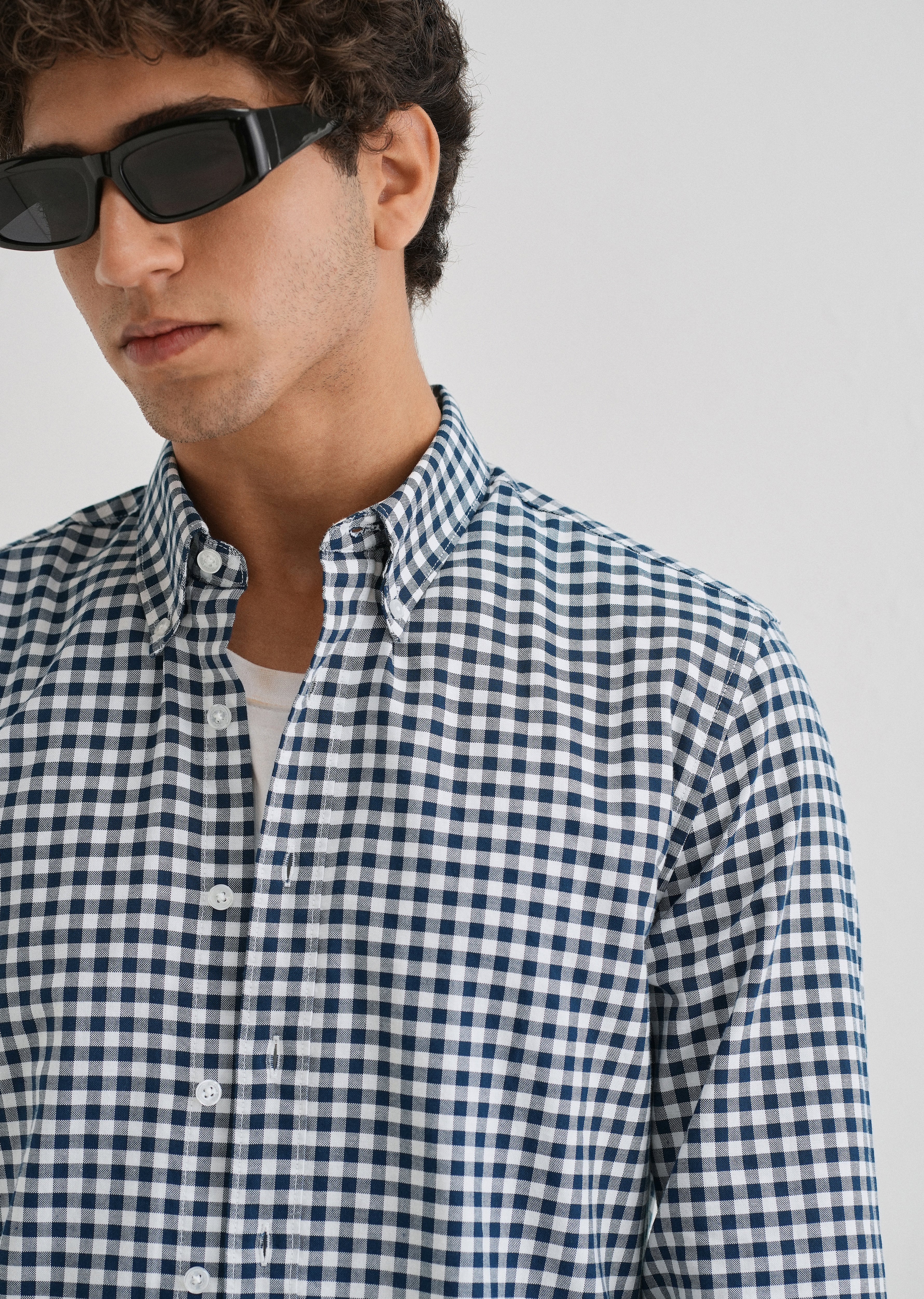 Navy Blue Gingham Check Cotton Oxford Shirt - Image 6