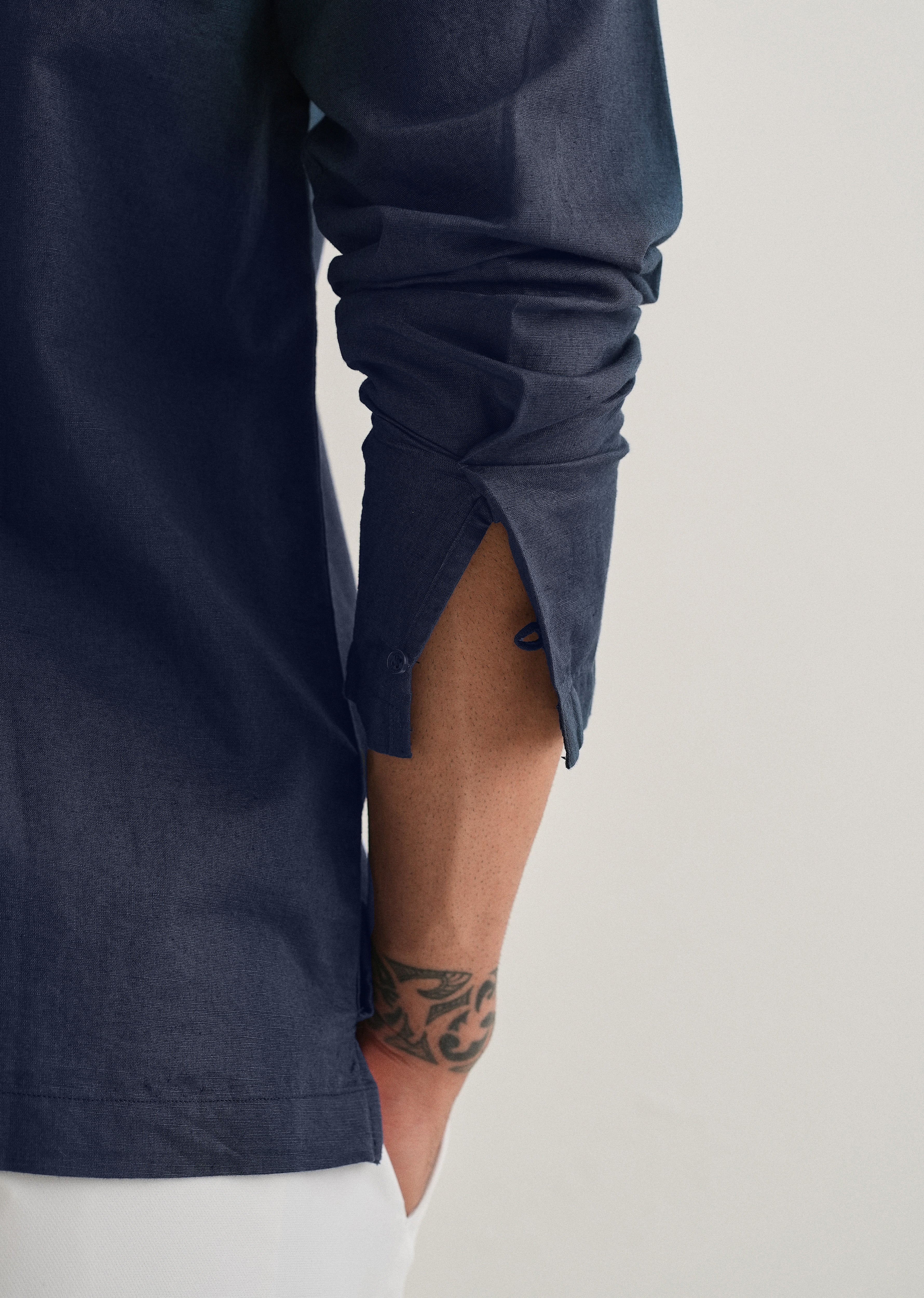 Navy Blue Hidden Sleeve Placket Cotton Linen Shirt - Image 2