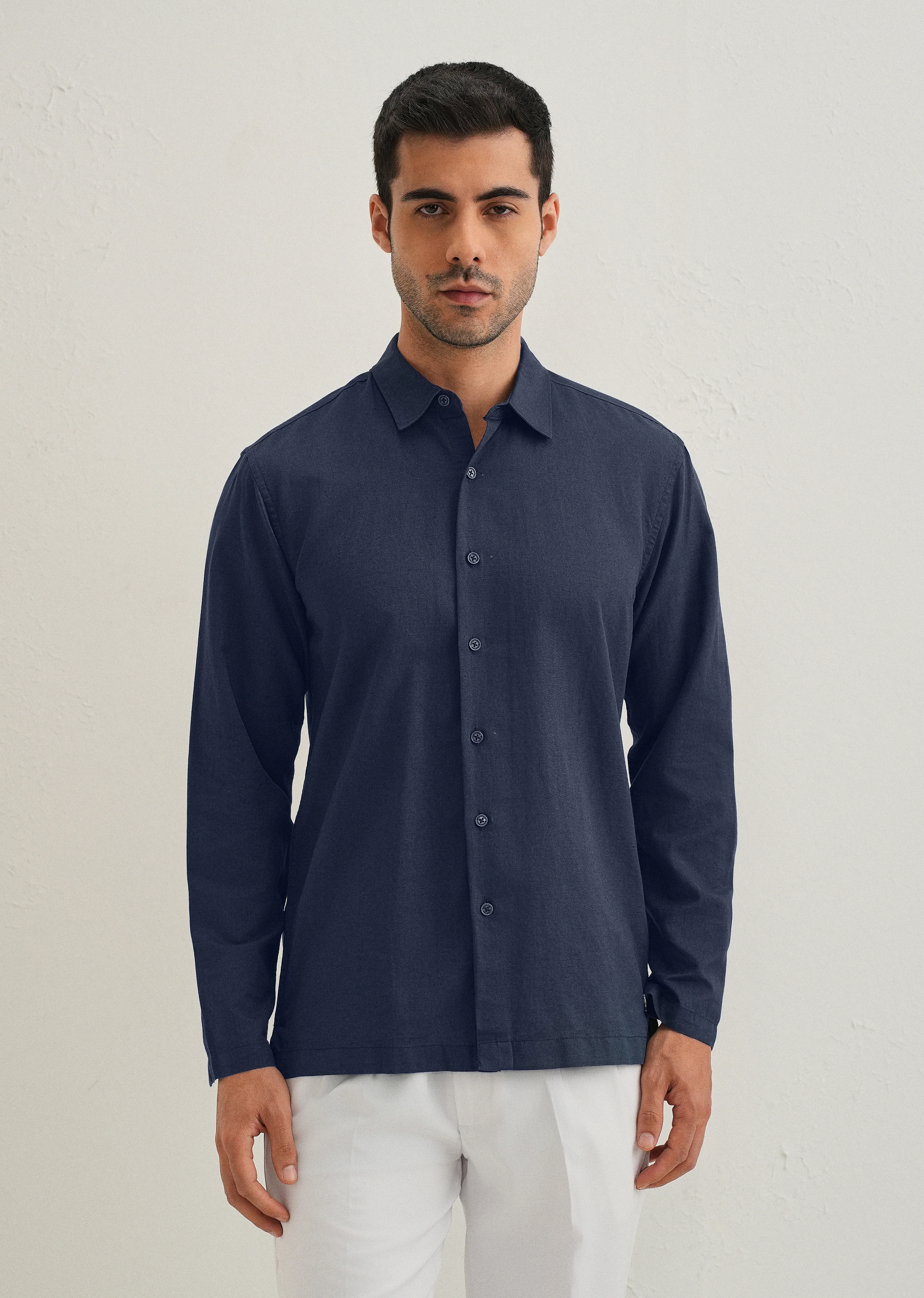 Navy Blue Hidden Sleeve Placket Cotton Linen Shirt - Image 3