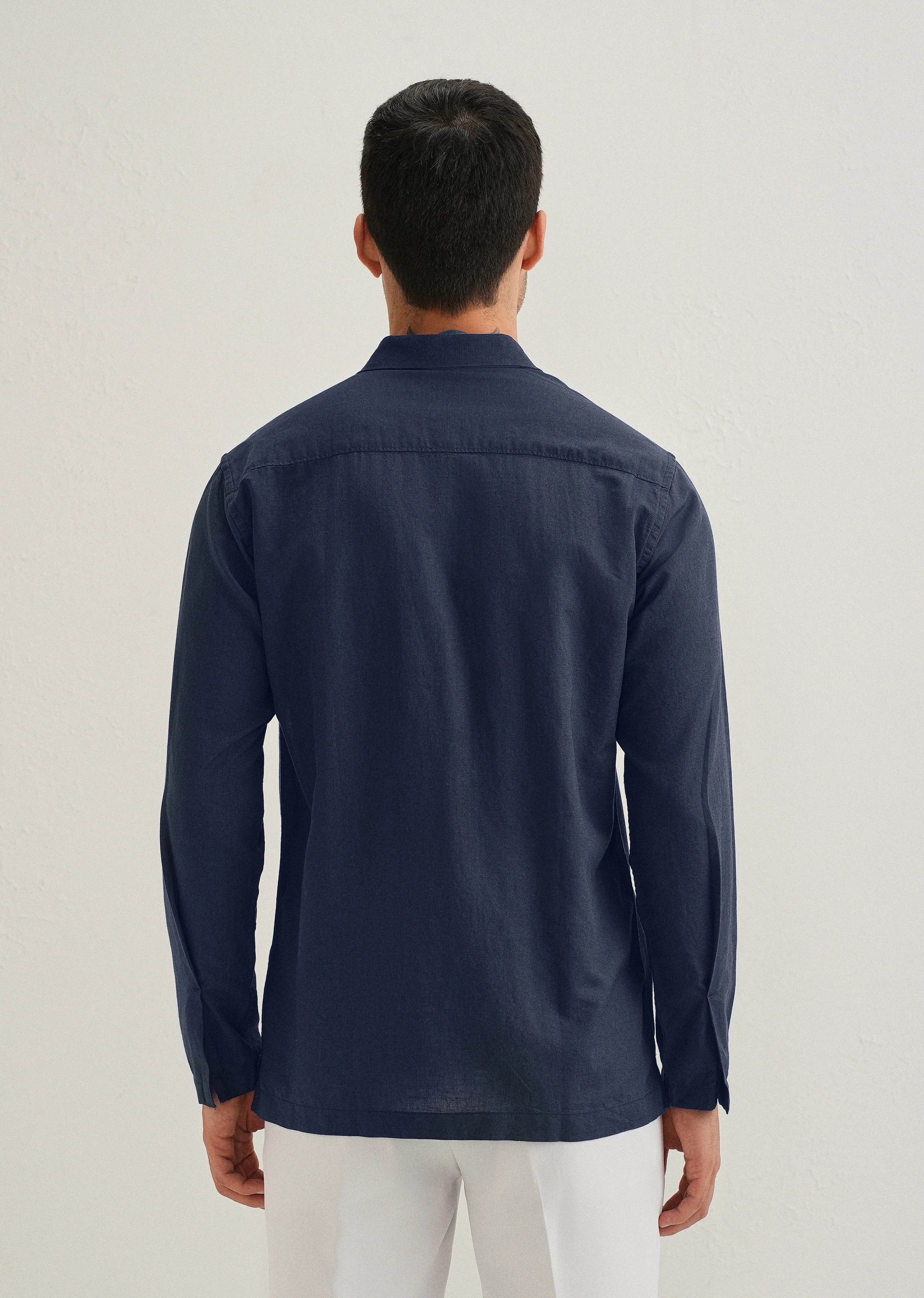 Navy Blue Hidden Sleeve Placket Cotton Linen Shirt - Image 4