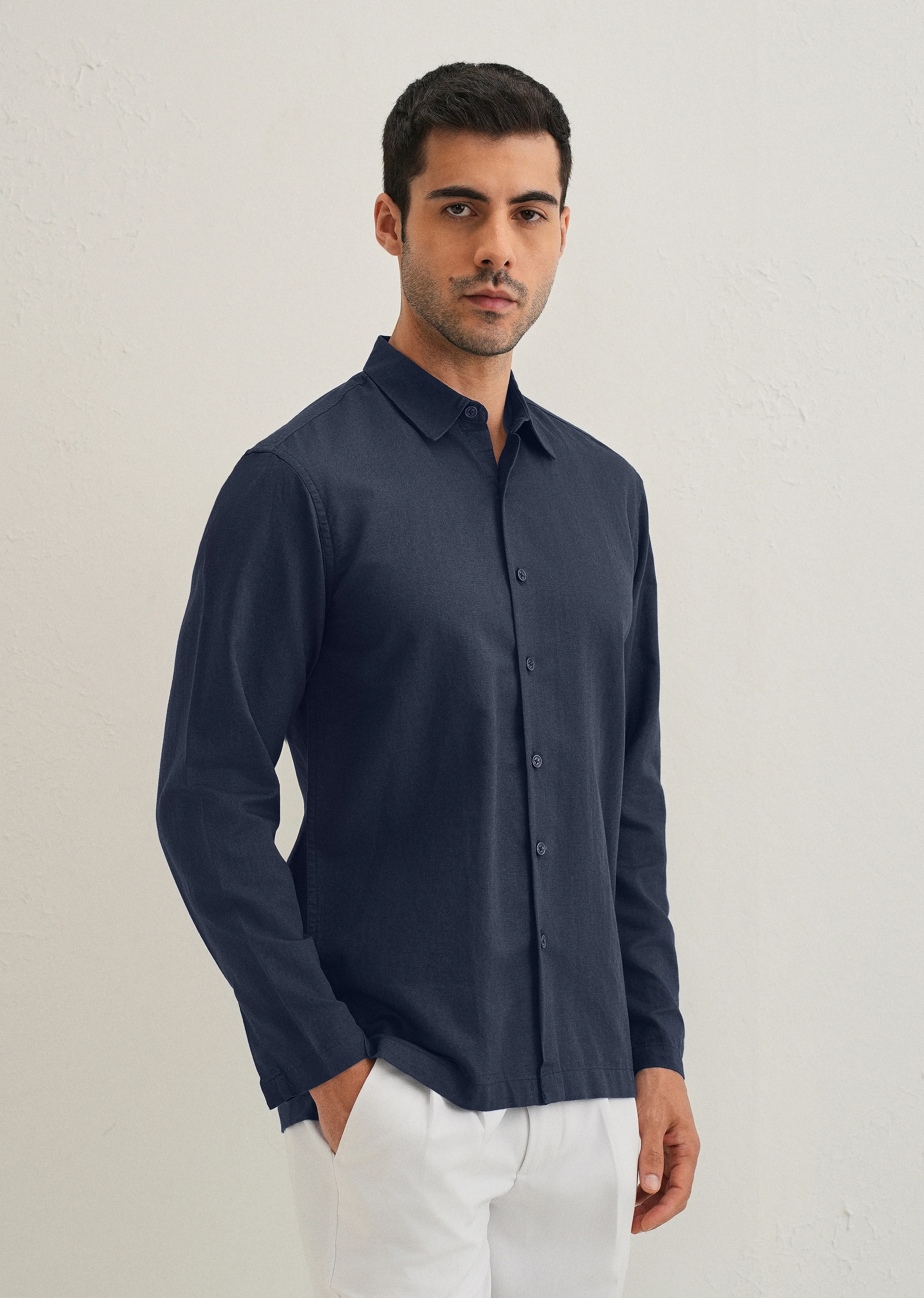 Navy Blue Hidden Sleeve Placket Cotton Linen Shirt - Image 5