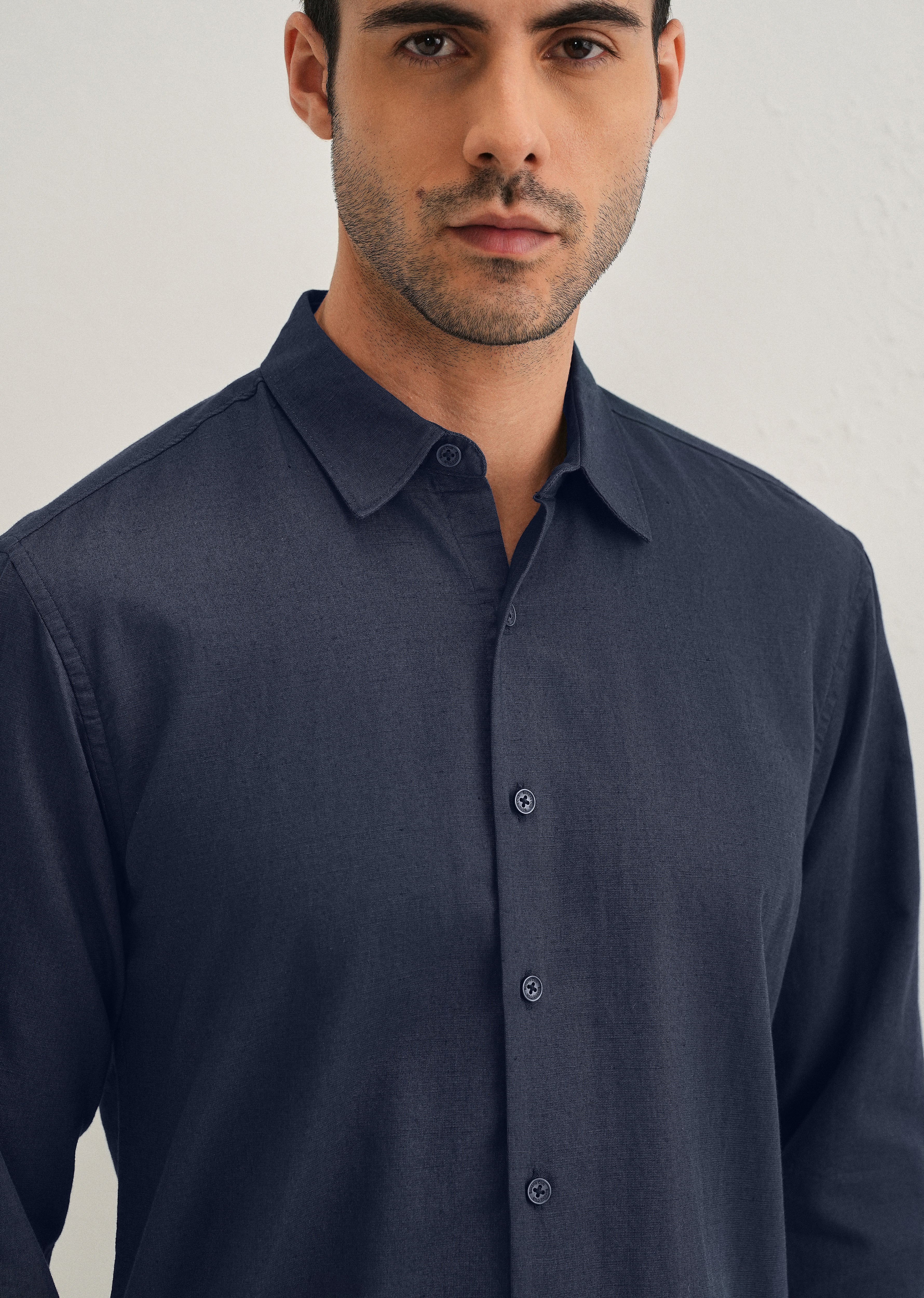Navy Blue Hidden Sleeve Placket Cotton Linen Shirt - Image 6