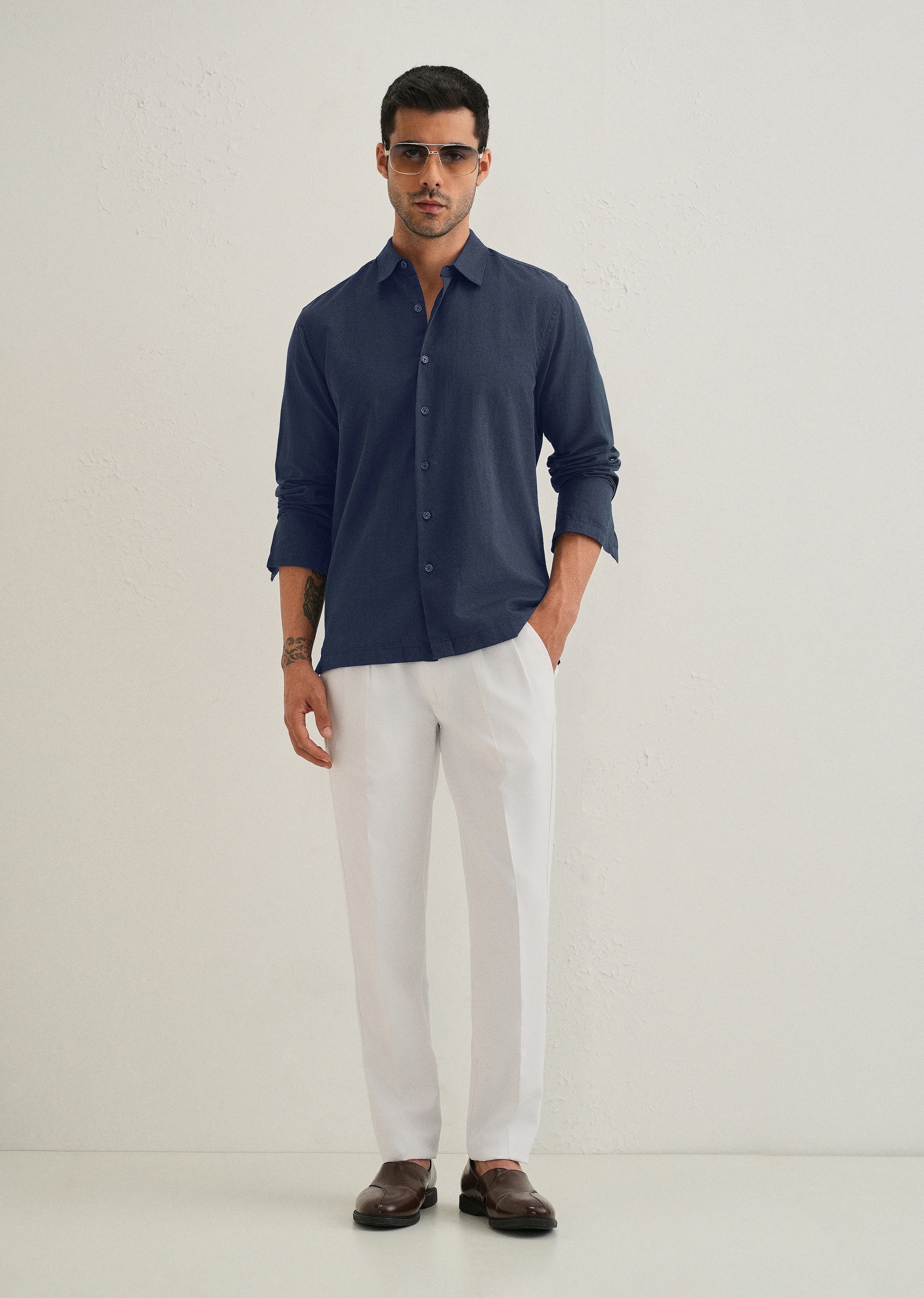 Navy Blue Hidden Sleeve Placket Cotton Linen Shirt - Image 8