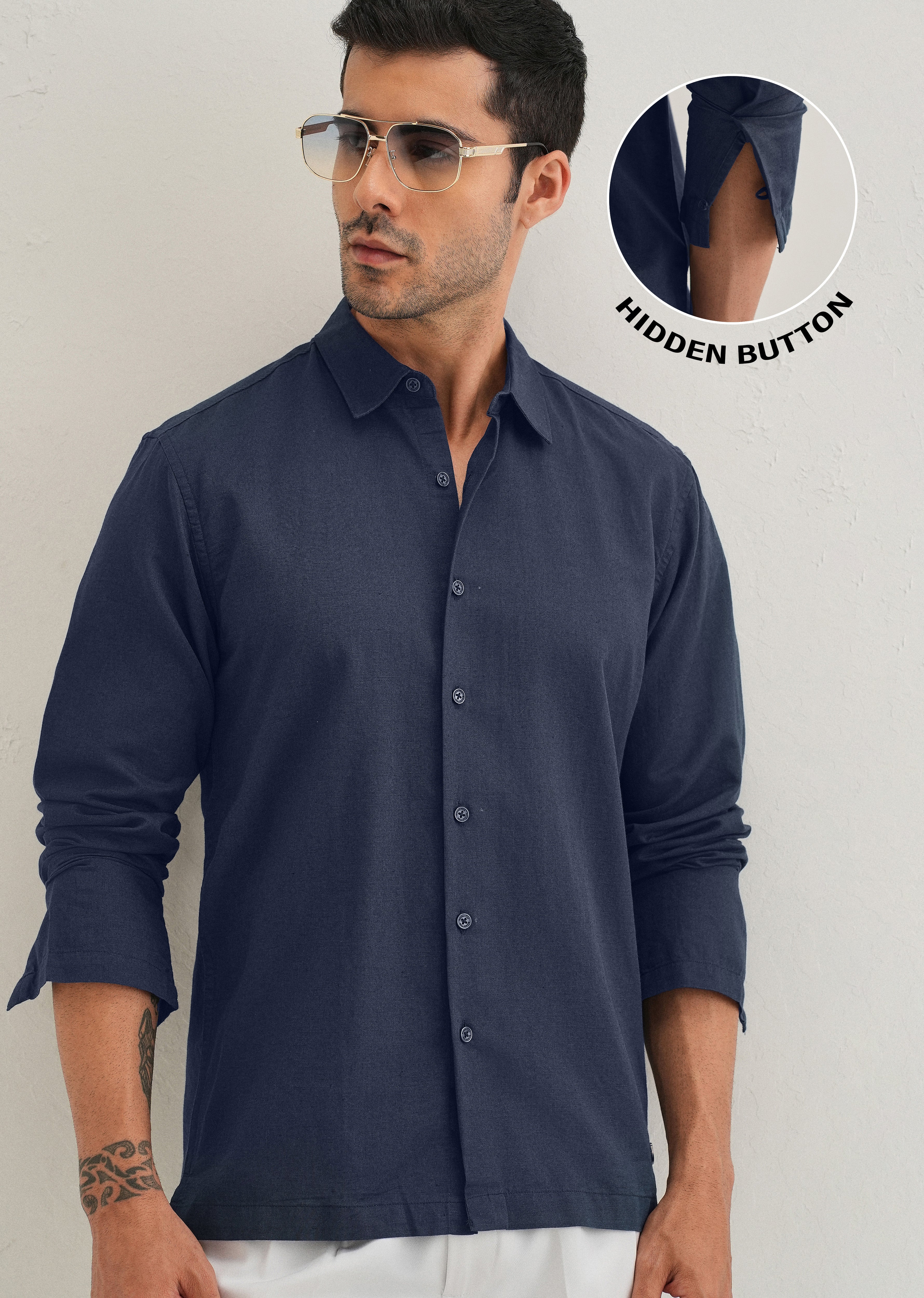 Navy Blue Hidden Sleeve Placket Cotton Linen Shirt - Image 9