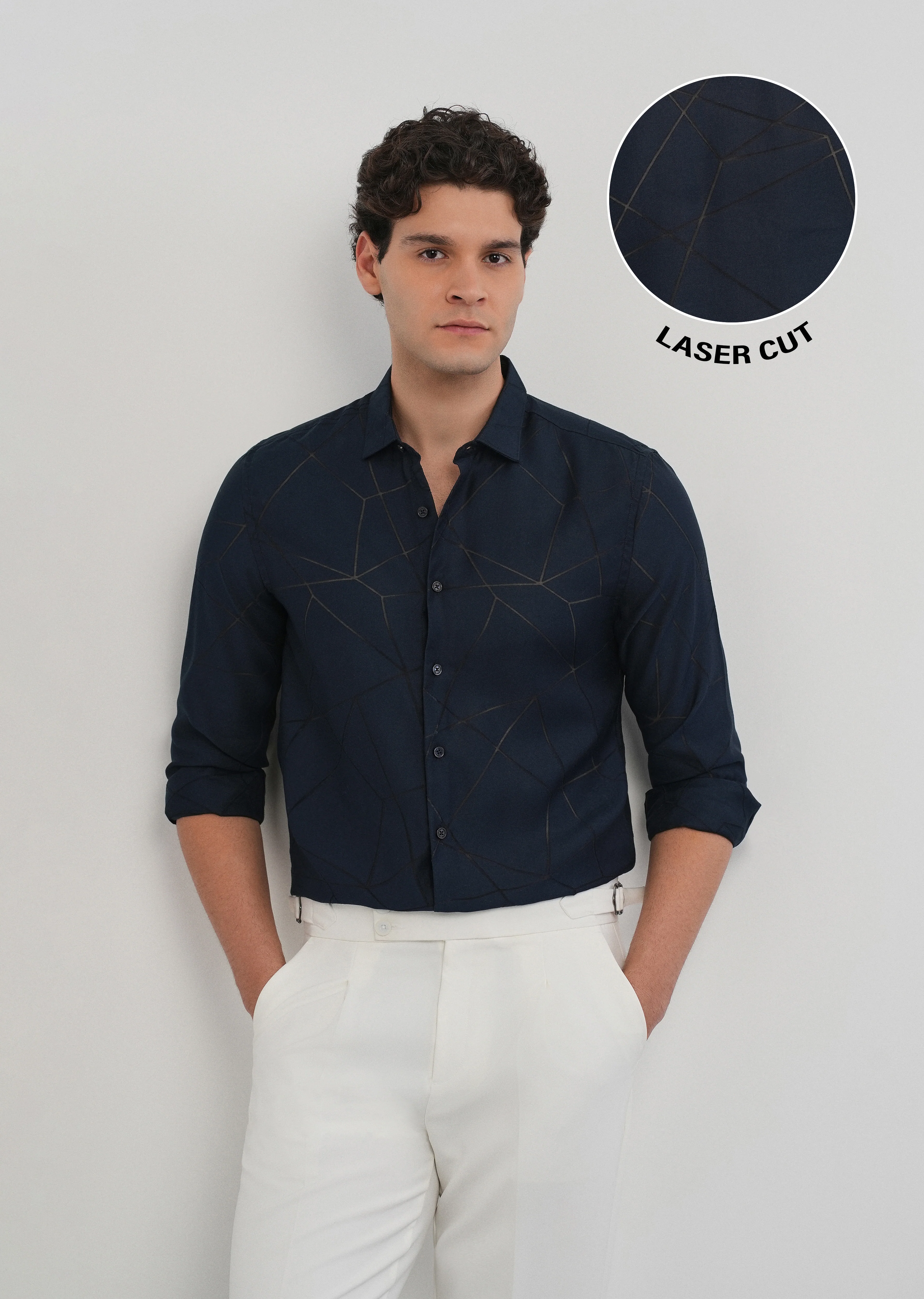 Navy Blue Laser Cut Shirt - Image 7