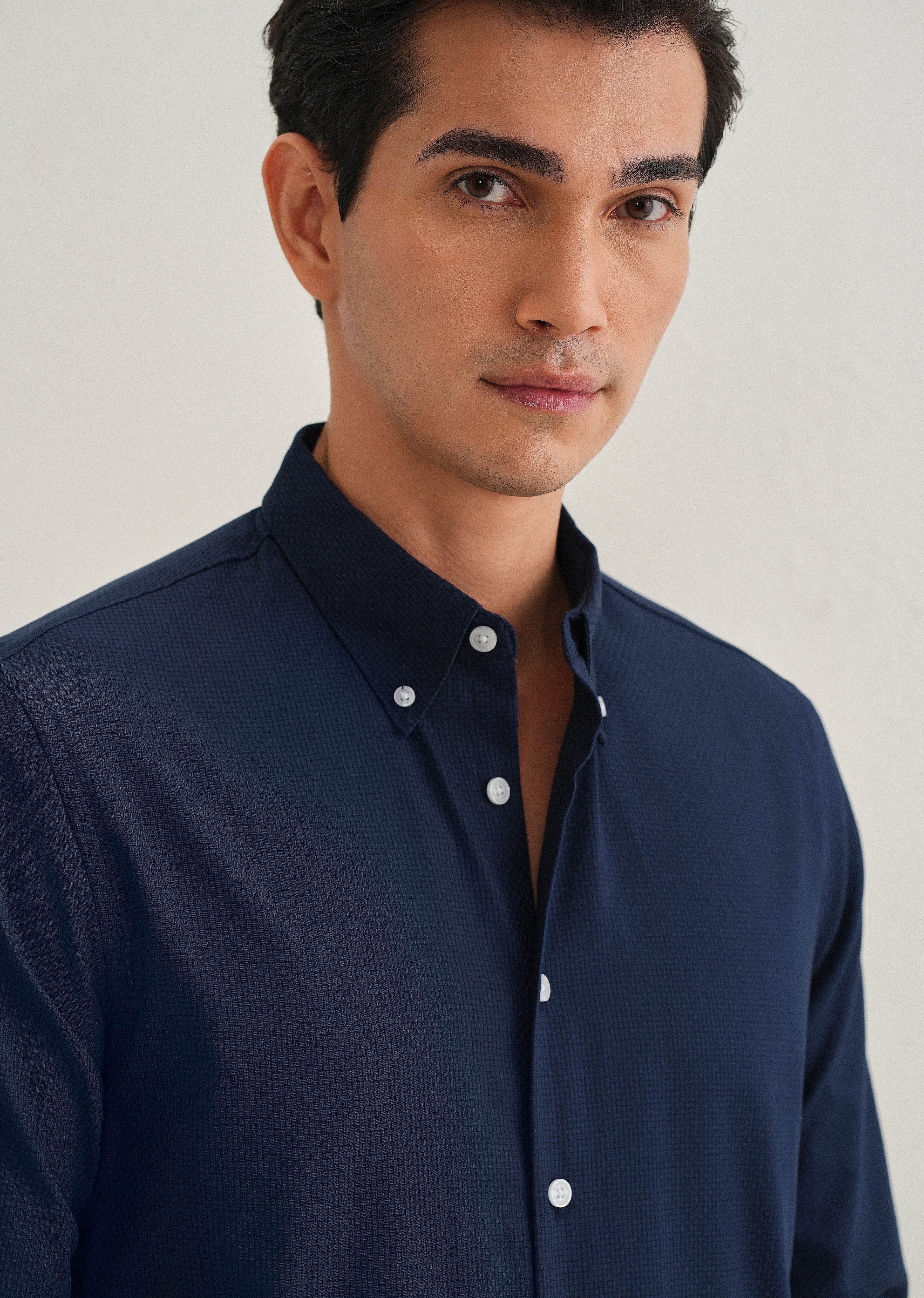 Navy Blue Micro-Check Shirt - Image 3