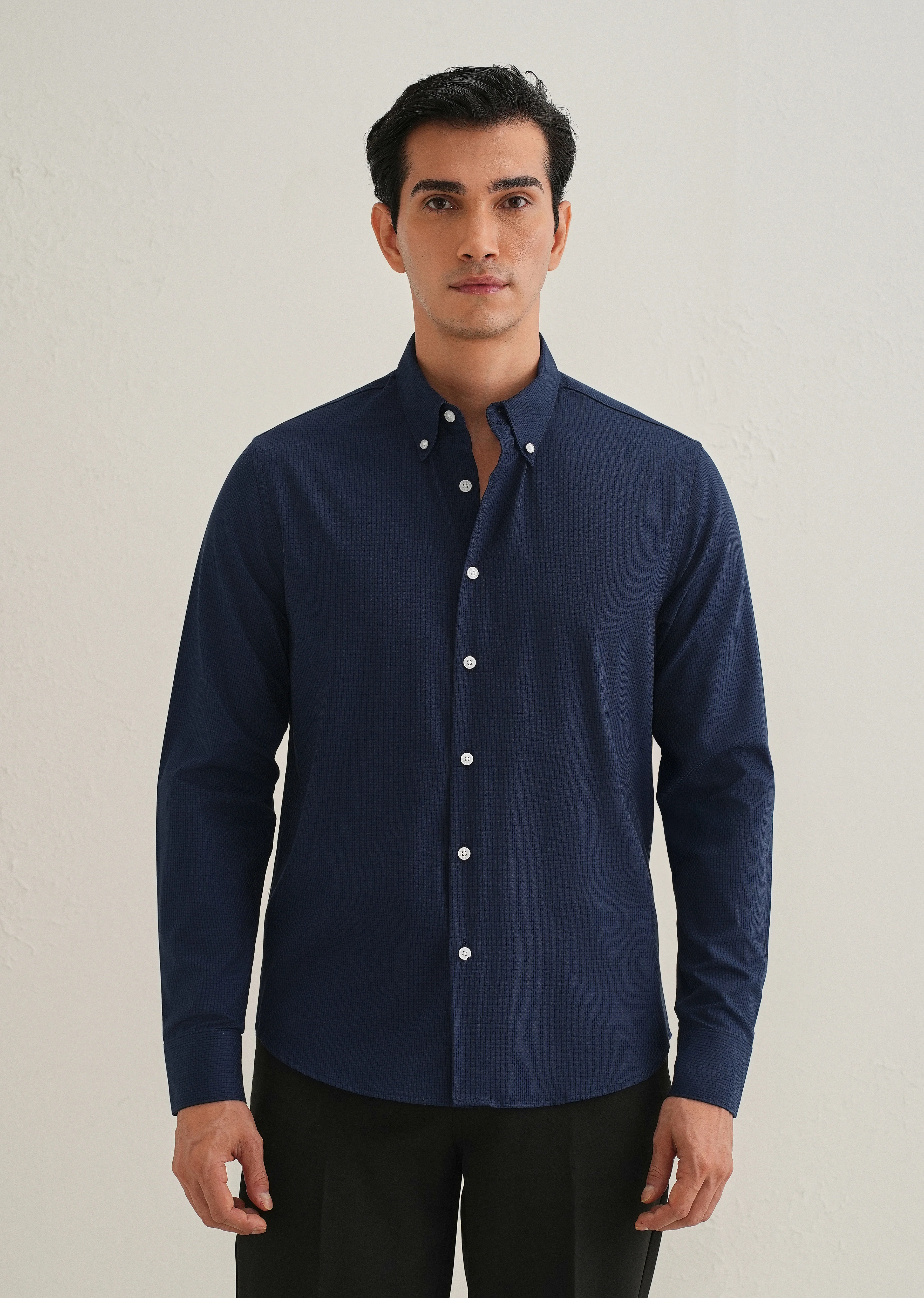 Navy Blue Micro-Check Shirt - Image 4