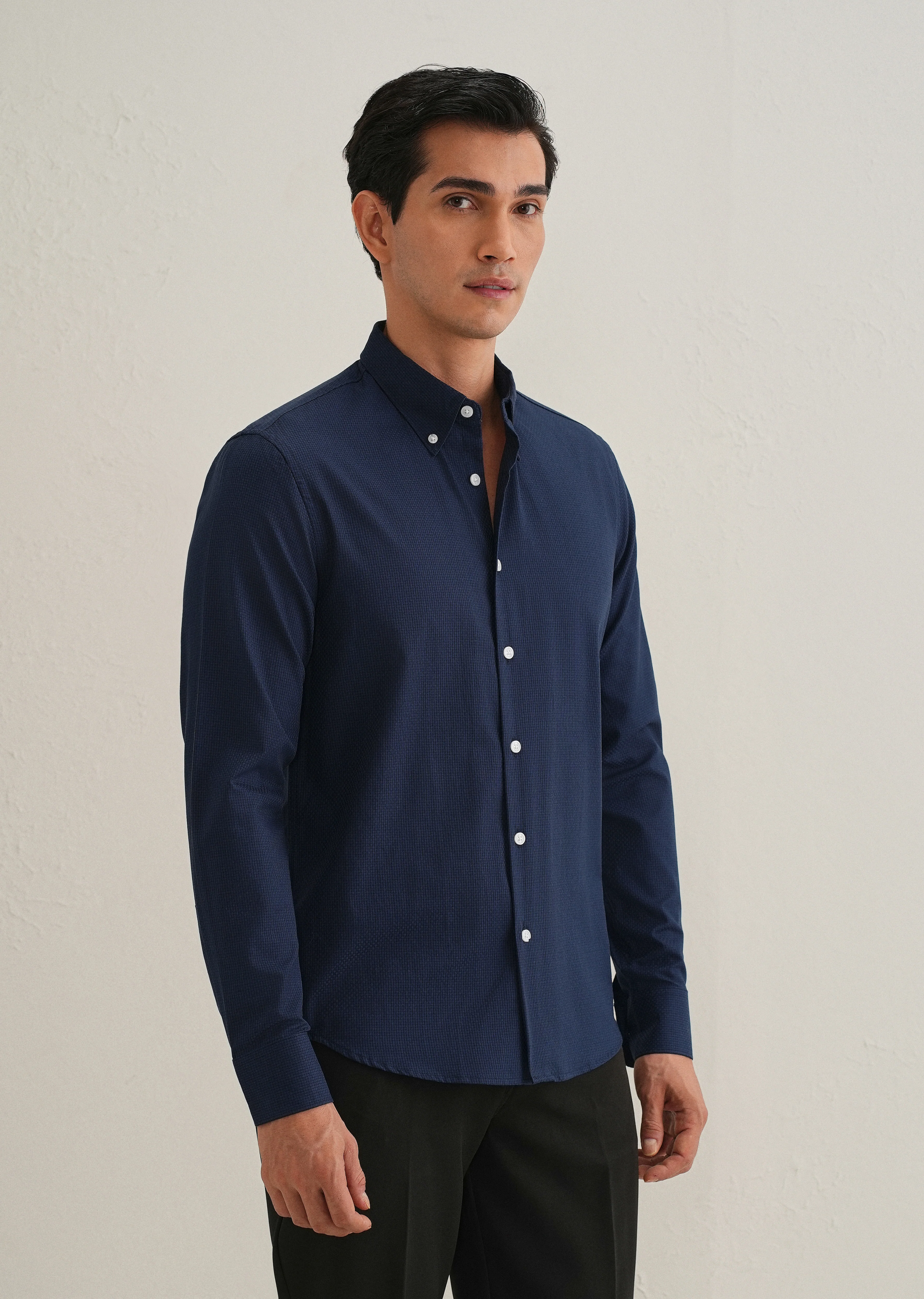 Navy Blue Micro-Check Shirt - Image 6