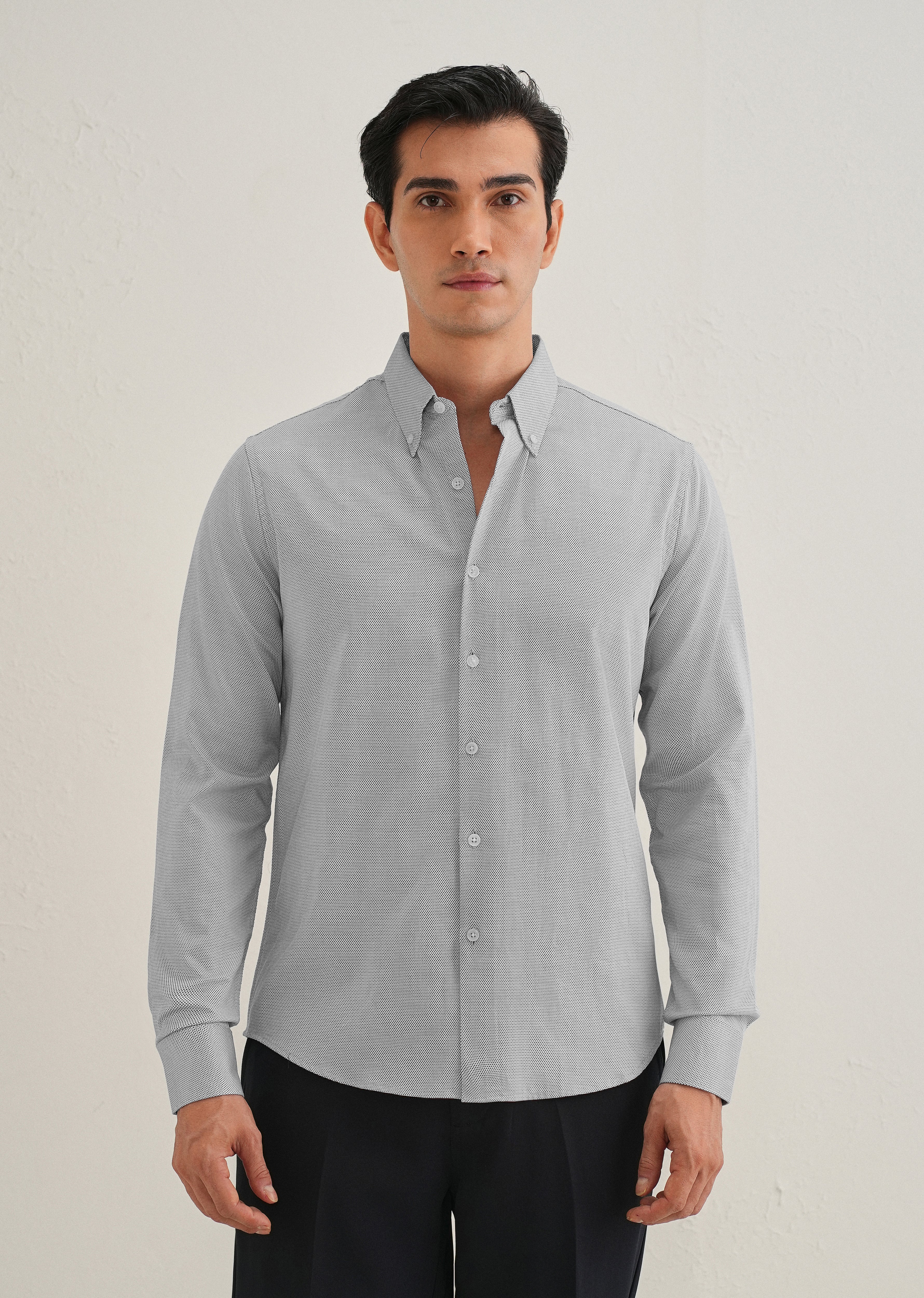 Navy Blue Micro-Dobby Cotton Shirt - Image 3