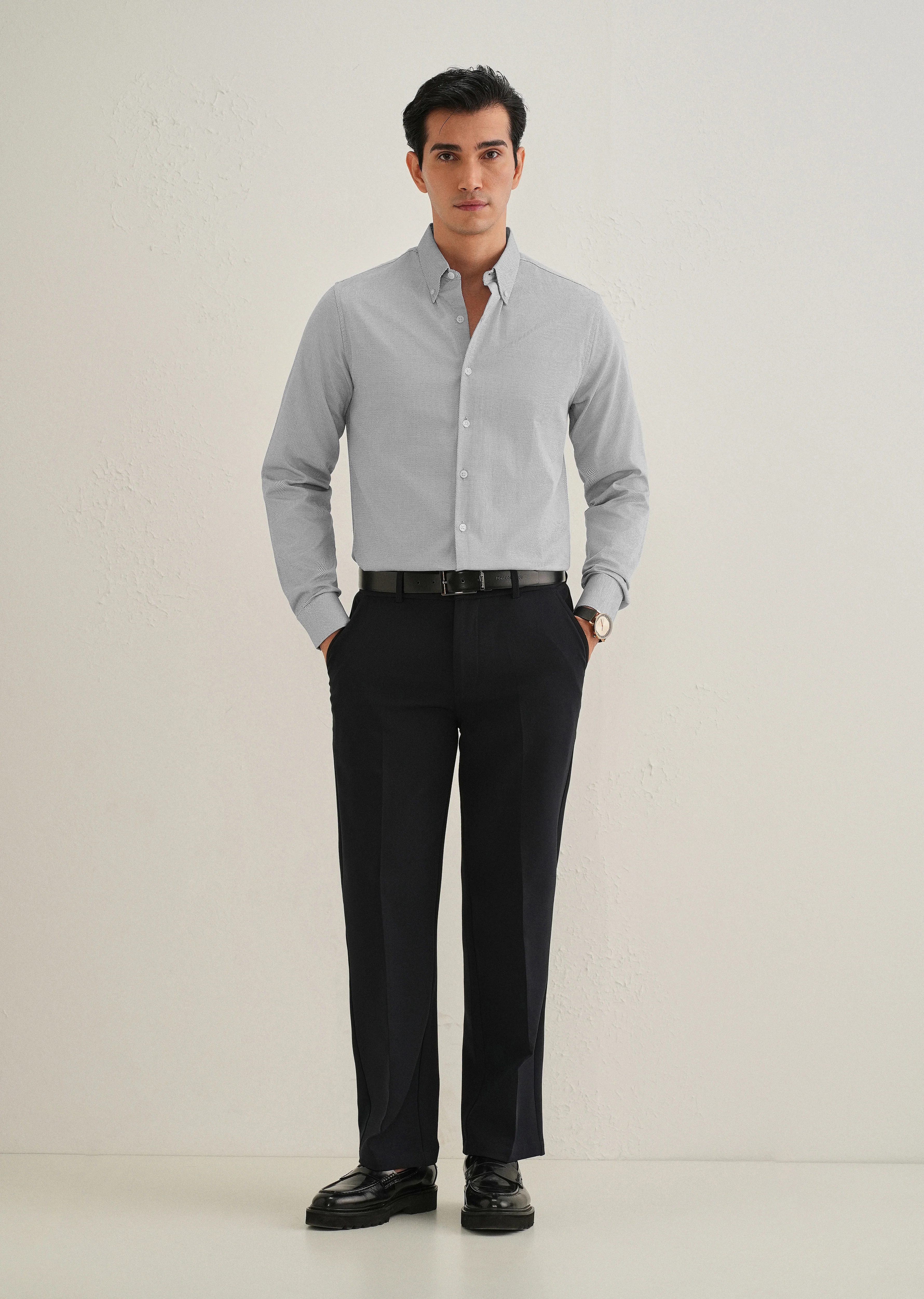 Navy Blue Micro-Dobby Cotton Shirt - Image 6