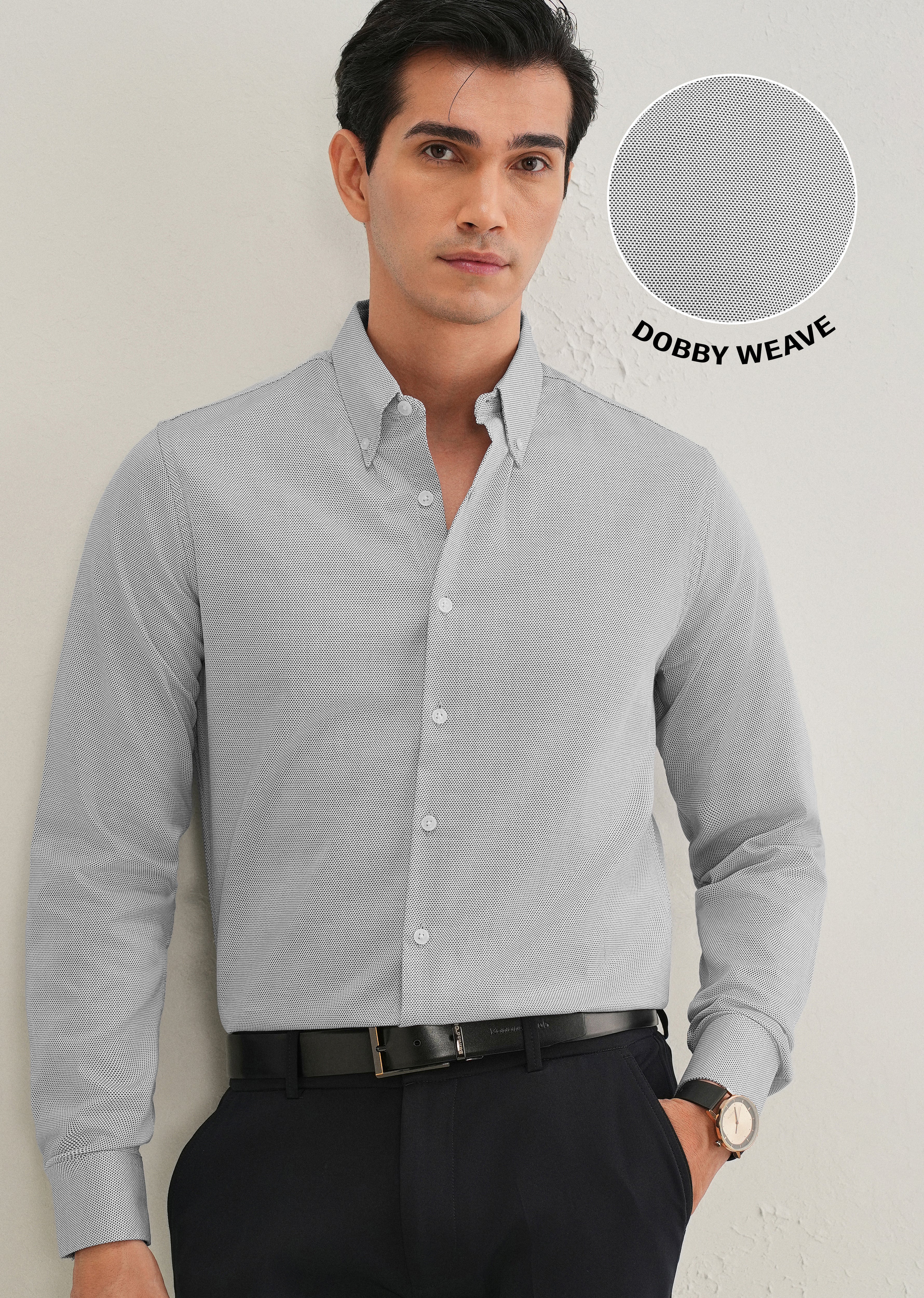 Navy Blue Micro-Dobby Cotton Shirt - Image 7
