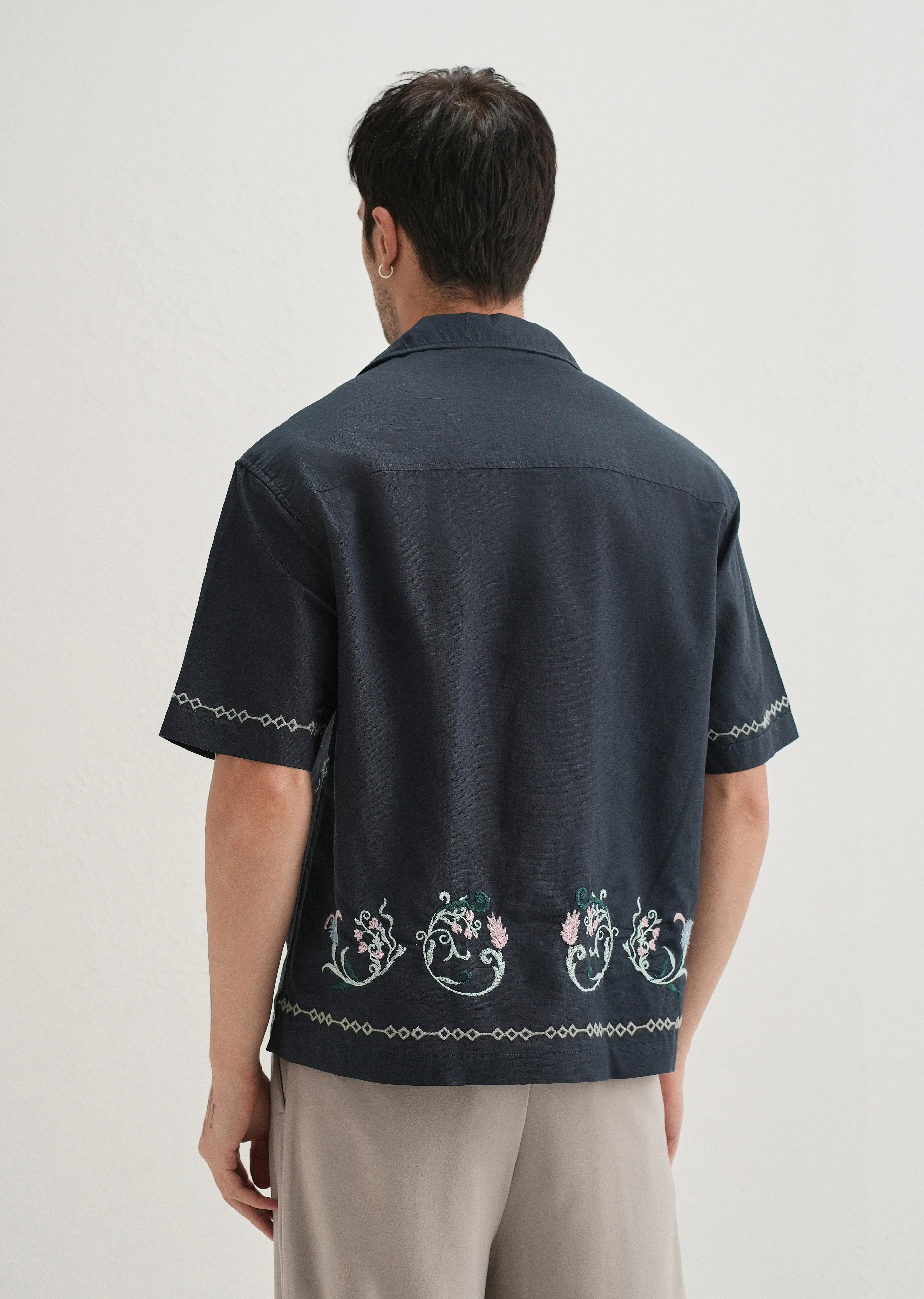 Navy Blue Panel Embroidered Shirt - Image 2