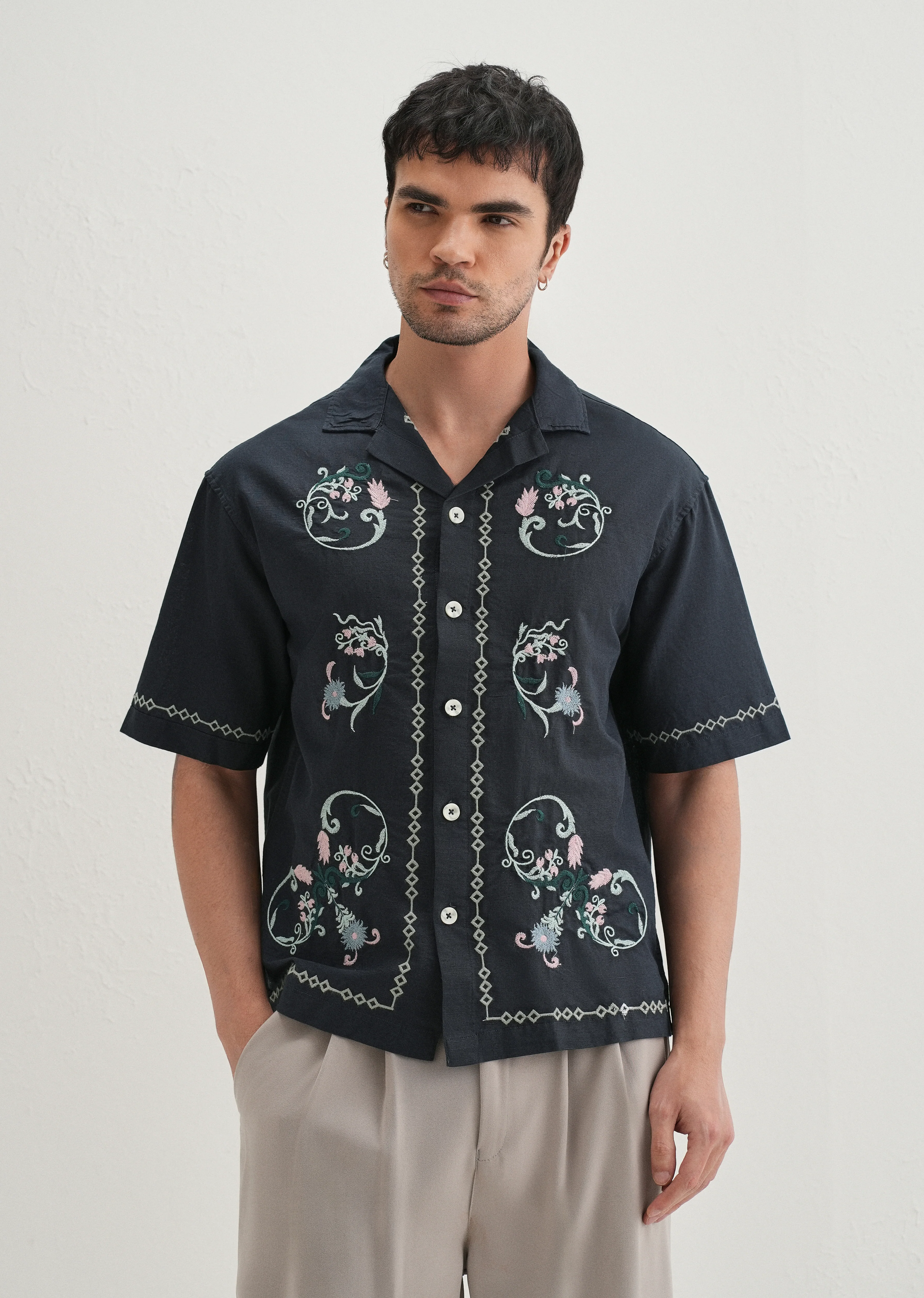Navy Blue Panel Embroidered Shirt - Image 3