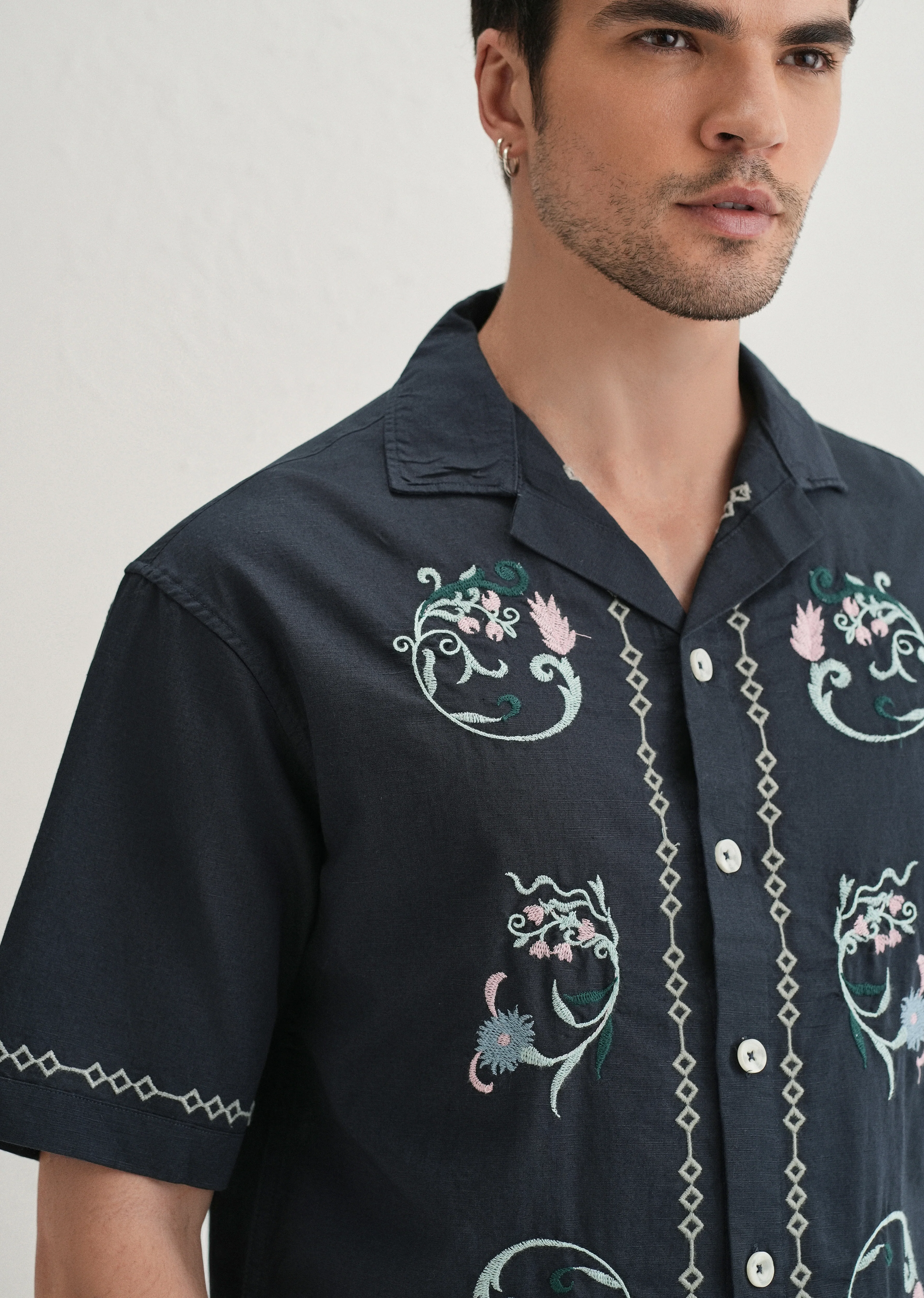 Navy Blue Panel Embroidered Shirt - Image 5