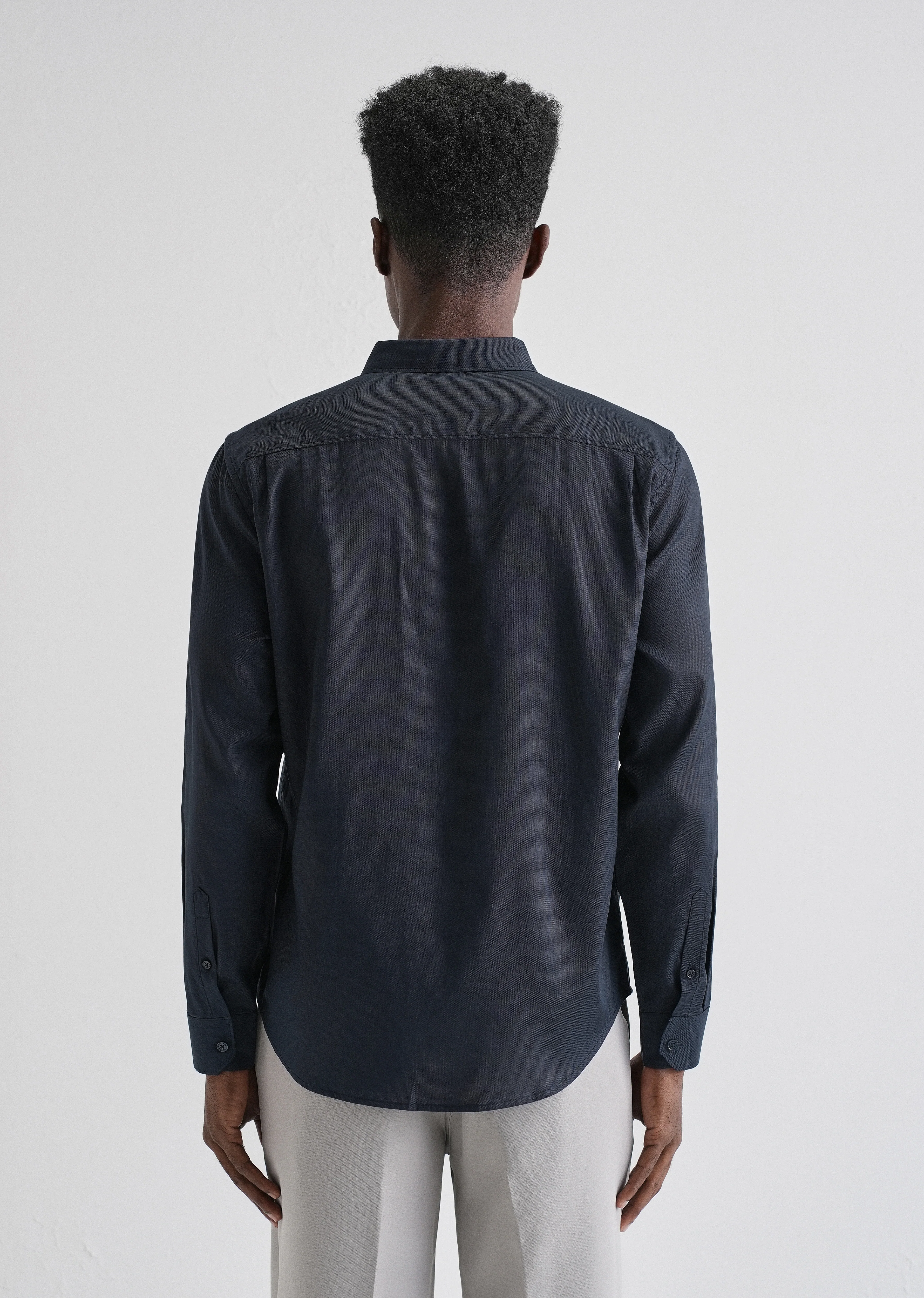 Navy Blue Plain Blended Cotton Regular Fit Shirt - Image 2