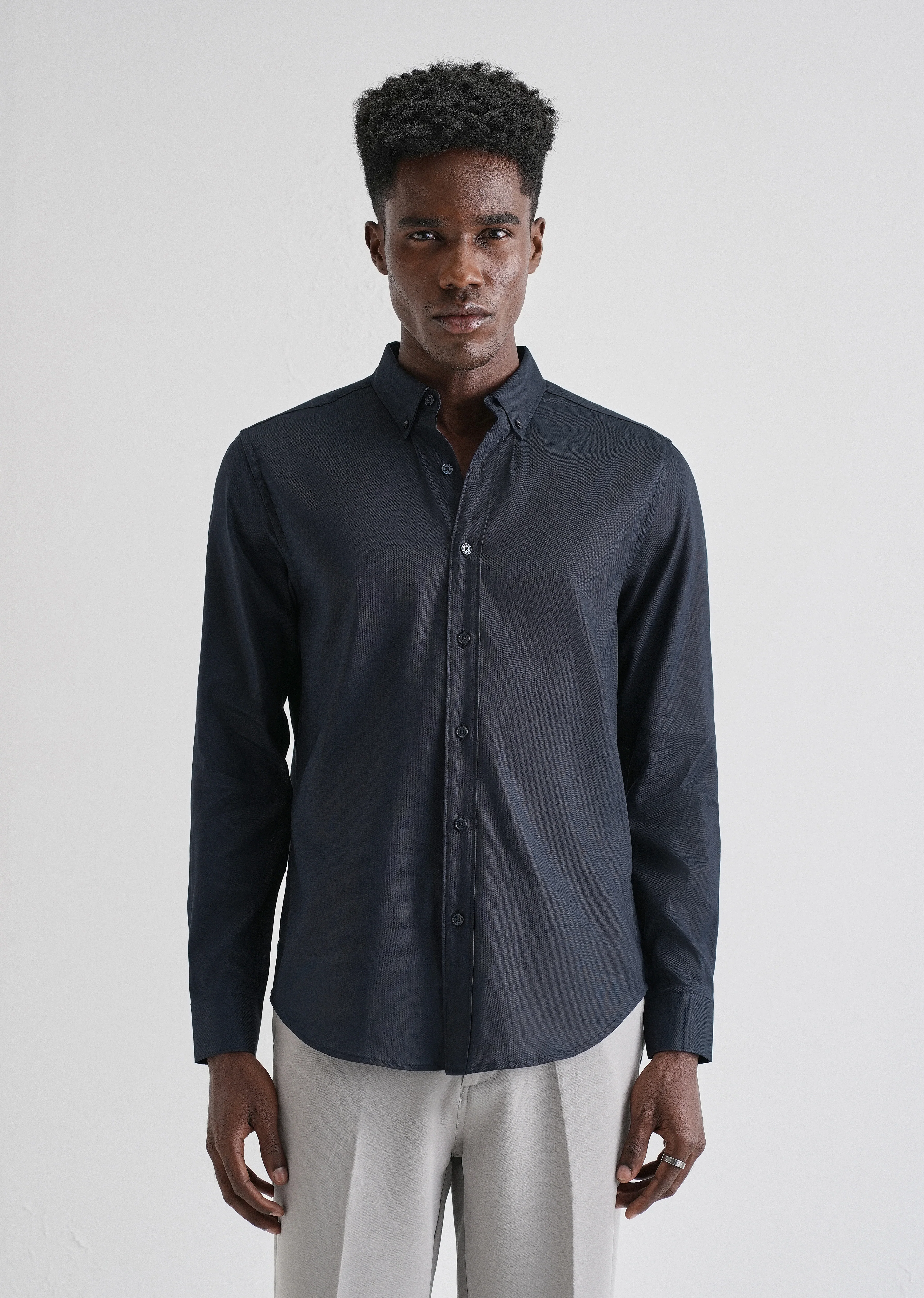 Navy Blue Plain Blended Cotton Regular Fit Shirt - Image 3