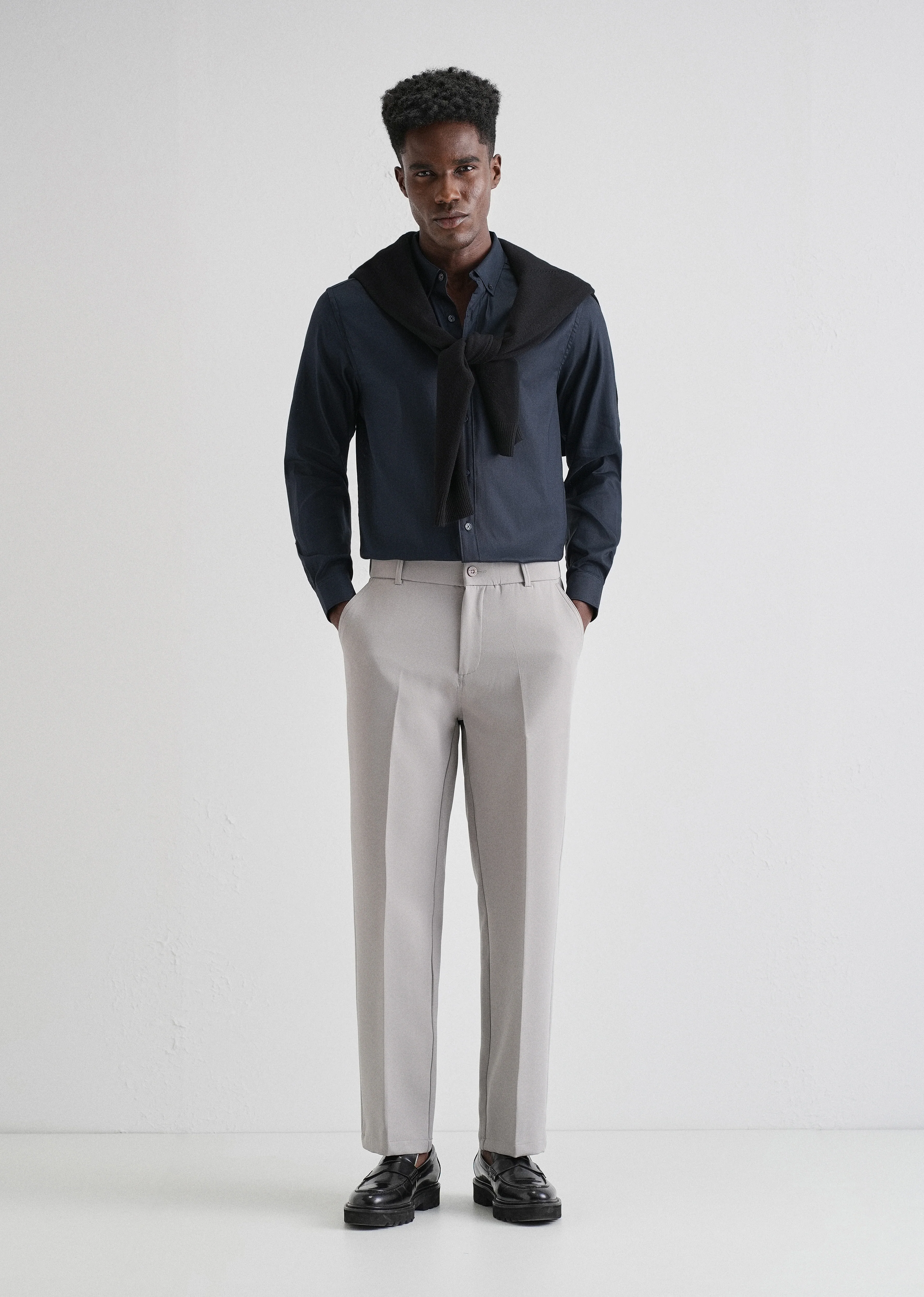 Navy Blue Plain Blended Cotton Regular Fit Shirt - Image 6
