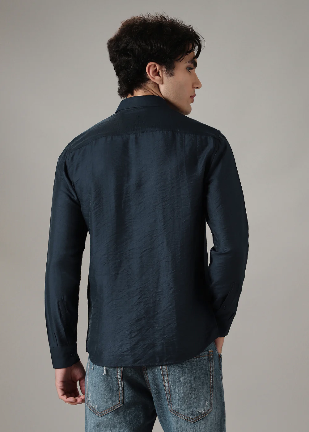 Navy Blue Plain Crushed Satin Shirt - Image 2