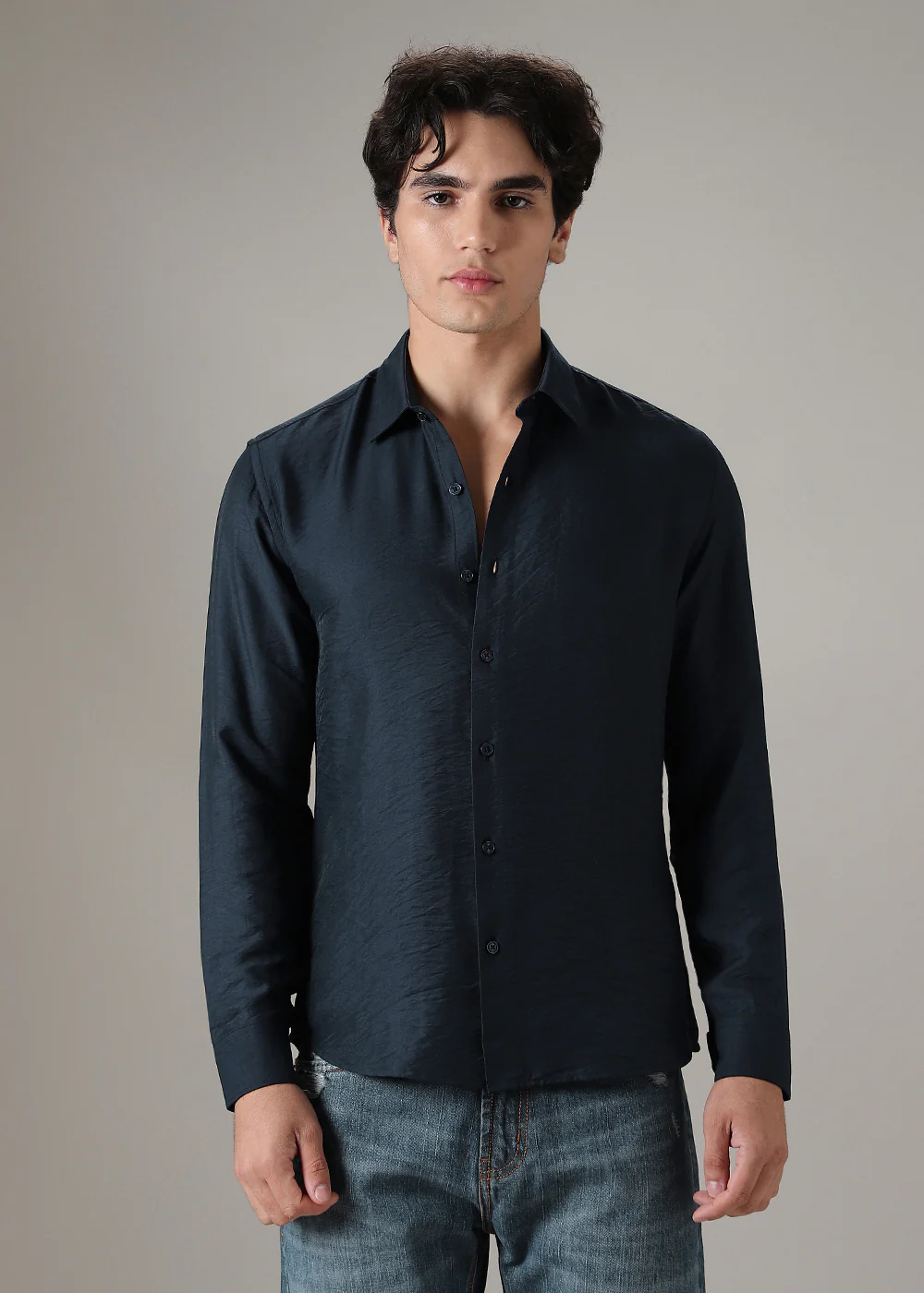 Navy Blue Plain Crushed Satin Shirt - Image 3