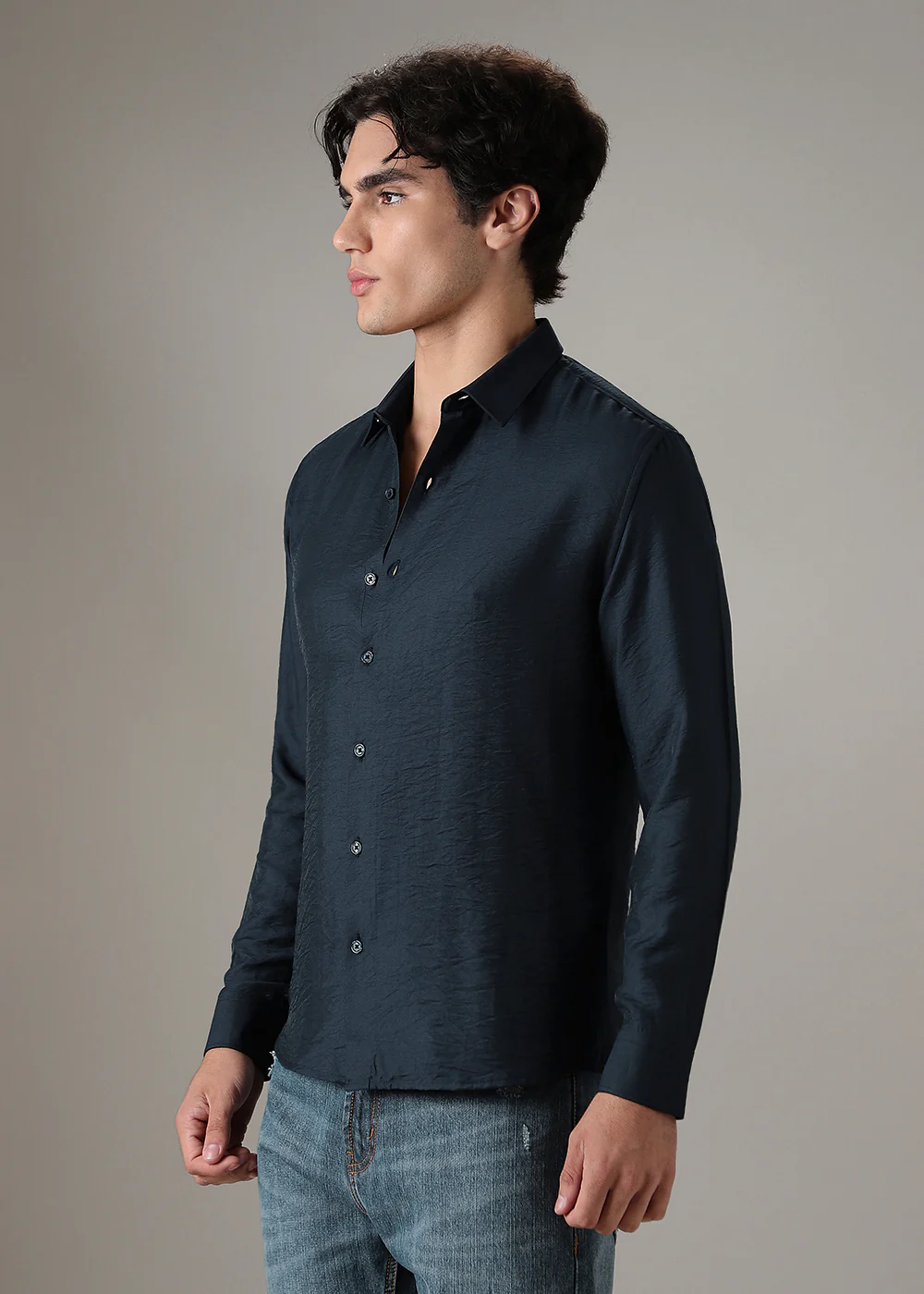 Navy Blue Plain Crushed Satin Shirt - Image 4
