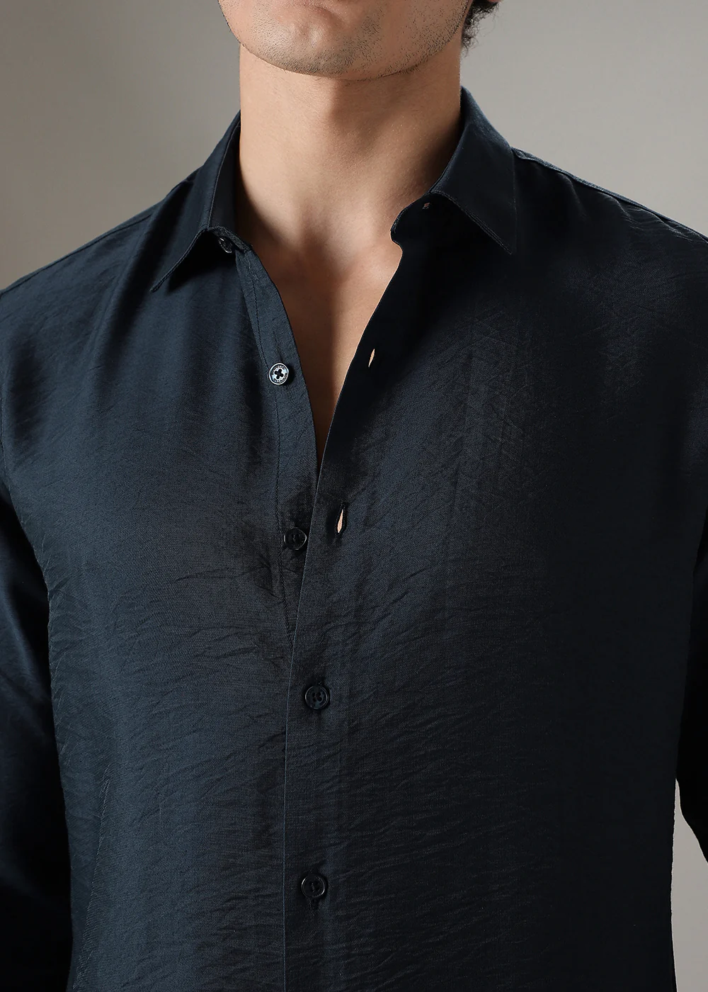 Navy Blue Plain Crushed Satin Shirt - Image 5