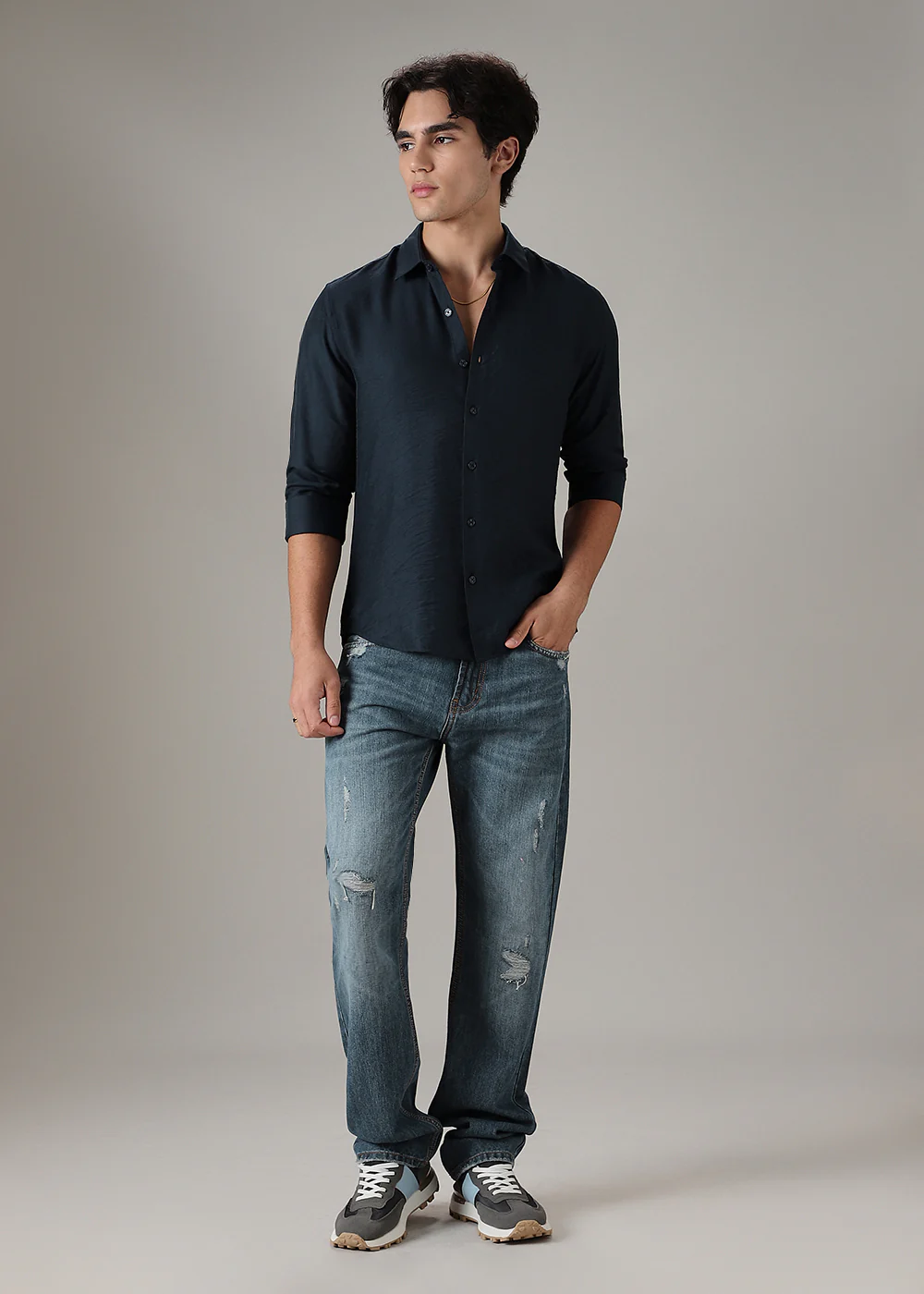 Navy Blue Plain Crushed Satin Shirt - Image 6