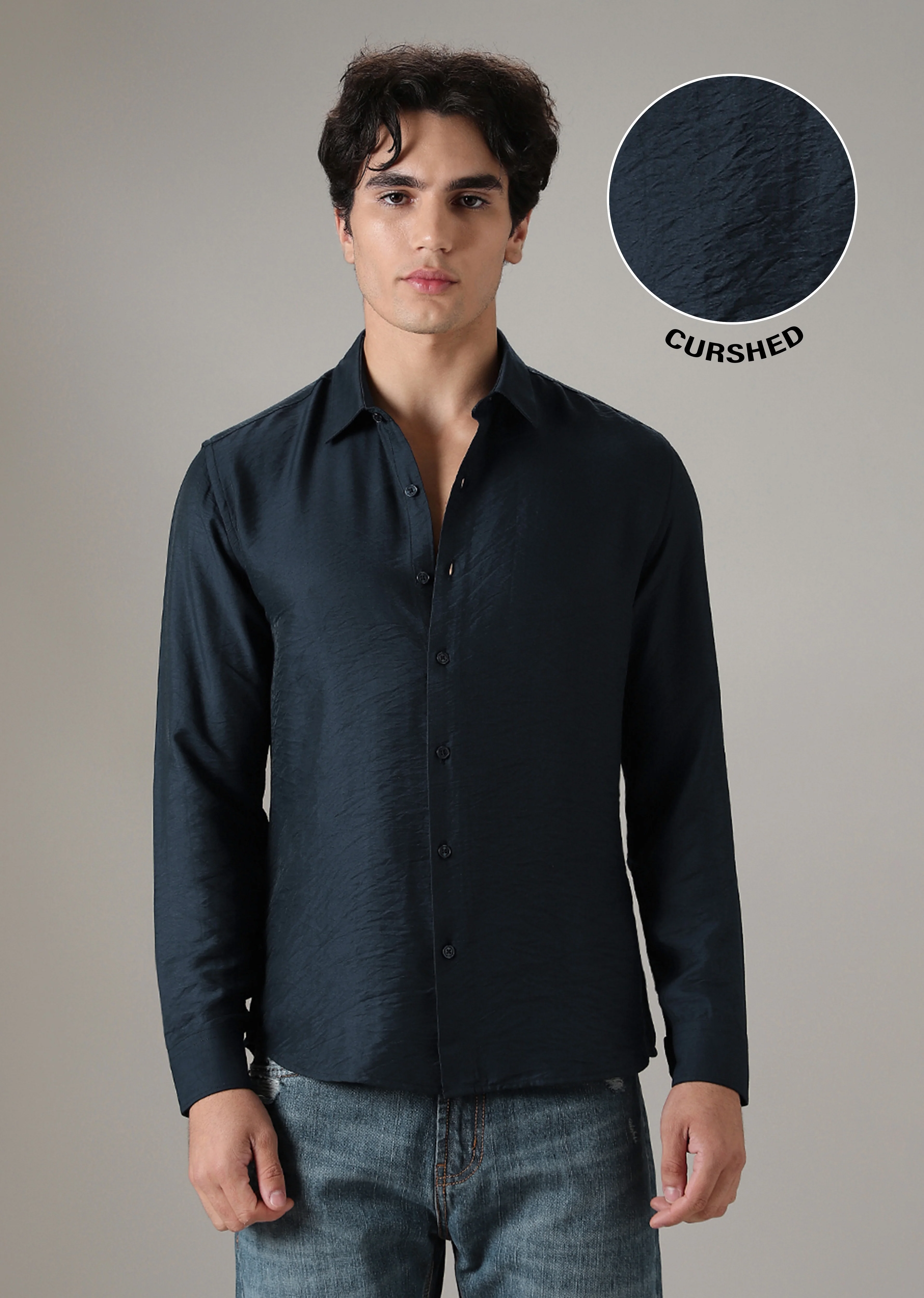 Navy Blue Plain Crushed Satin Shirt - Image 7