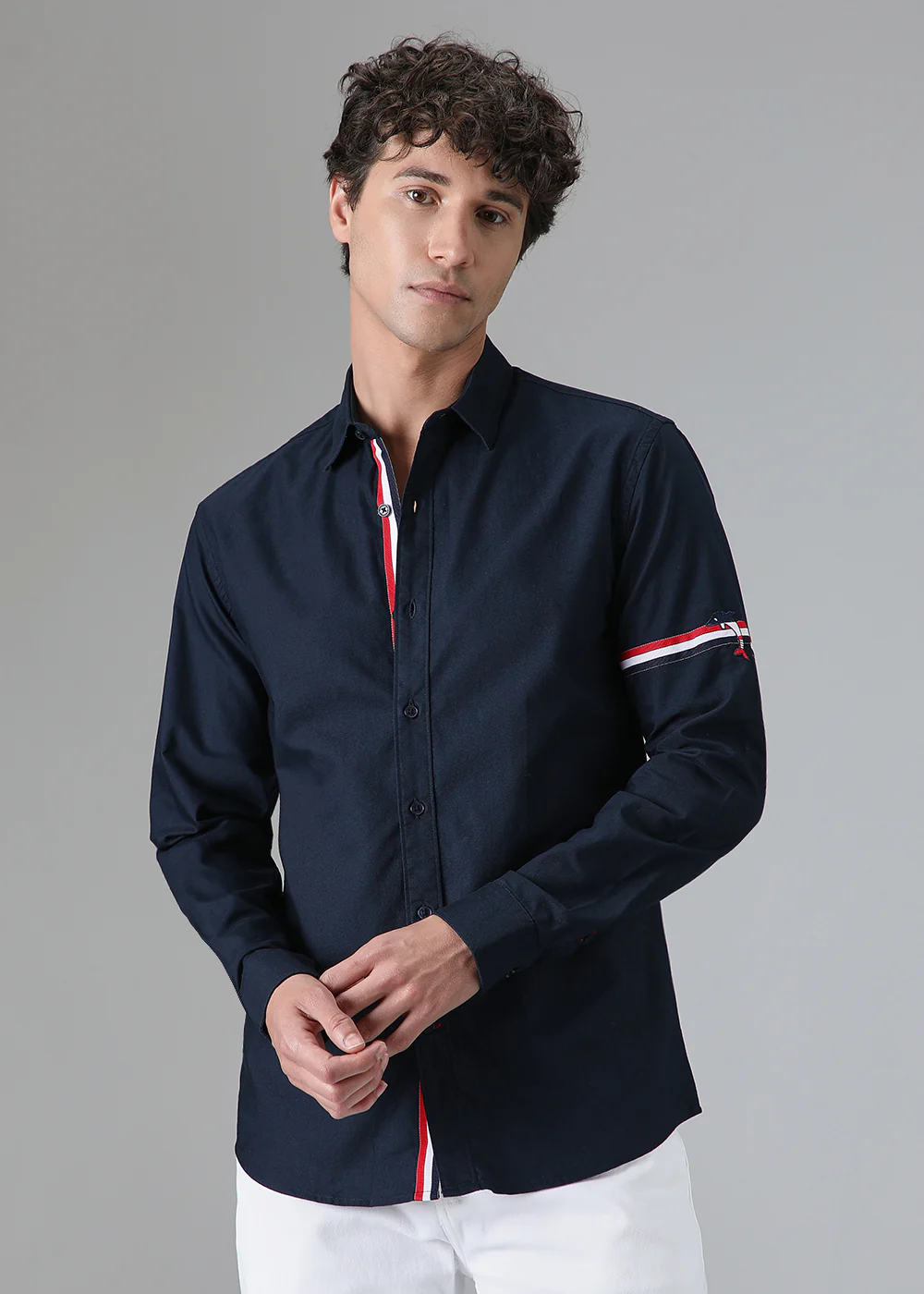 Navy Blue Plain Dolphin Oxford Shirt - Image 3
