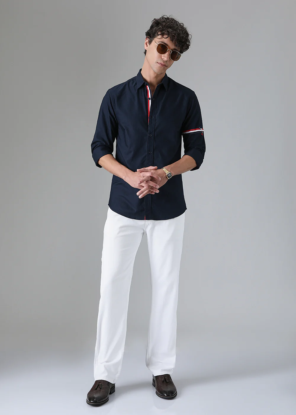 Navy Blue Plain Dolphin Oxford Shirt - Image 6