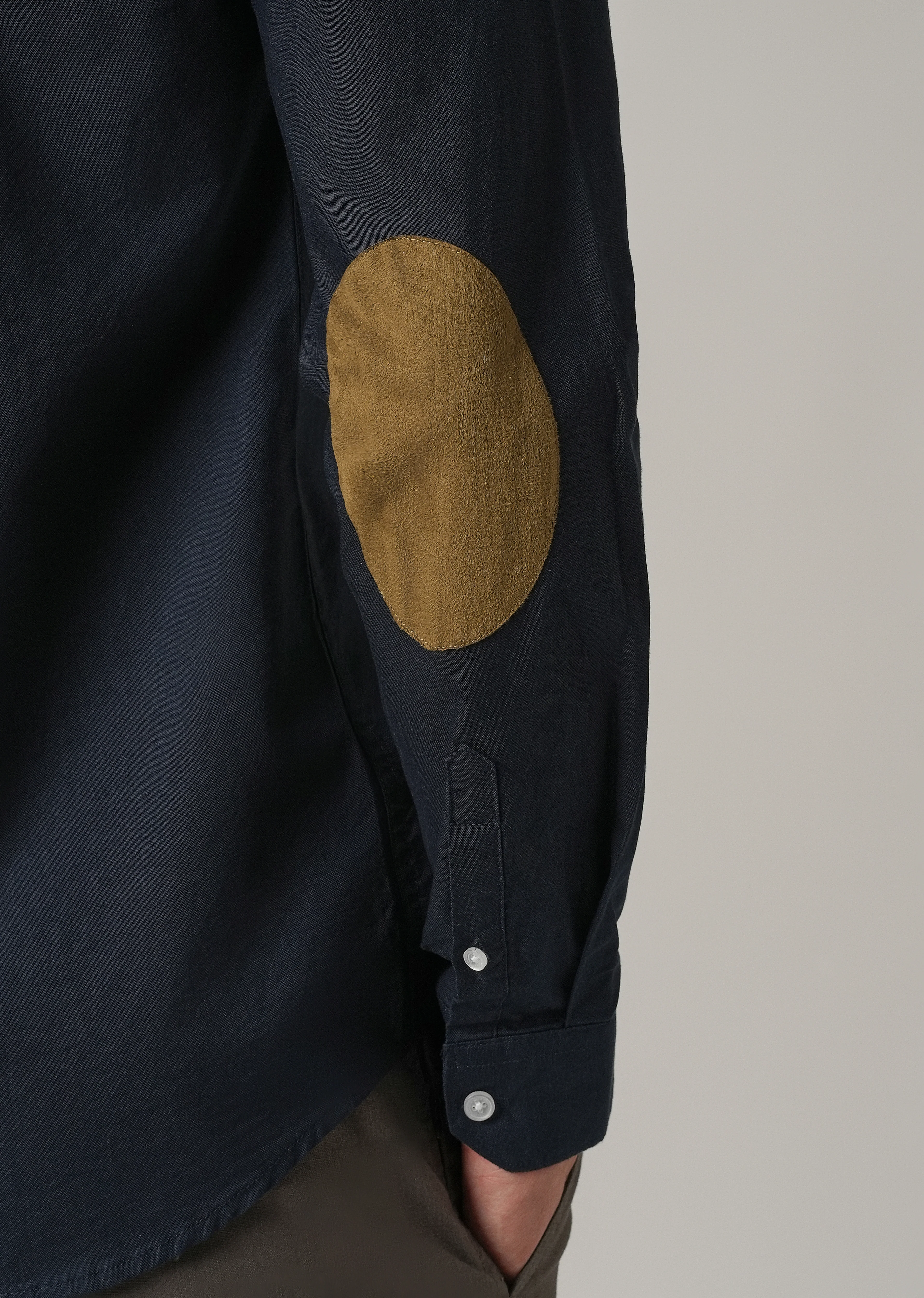 Navy Blue Plain Elbow Patch Oxford Shirt - Image 2