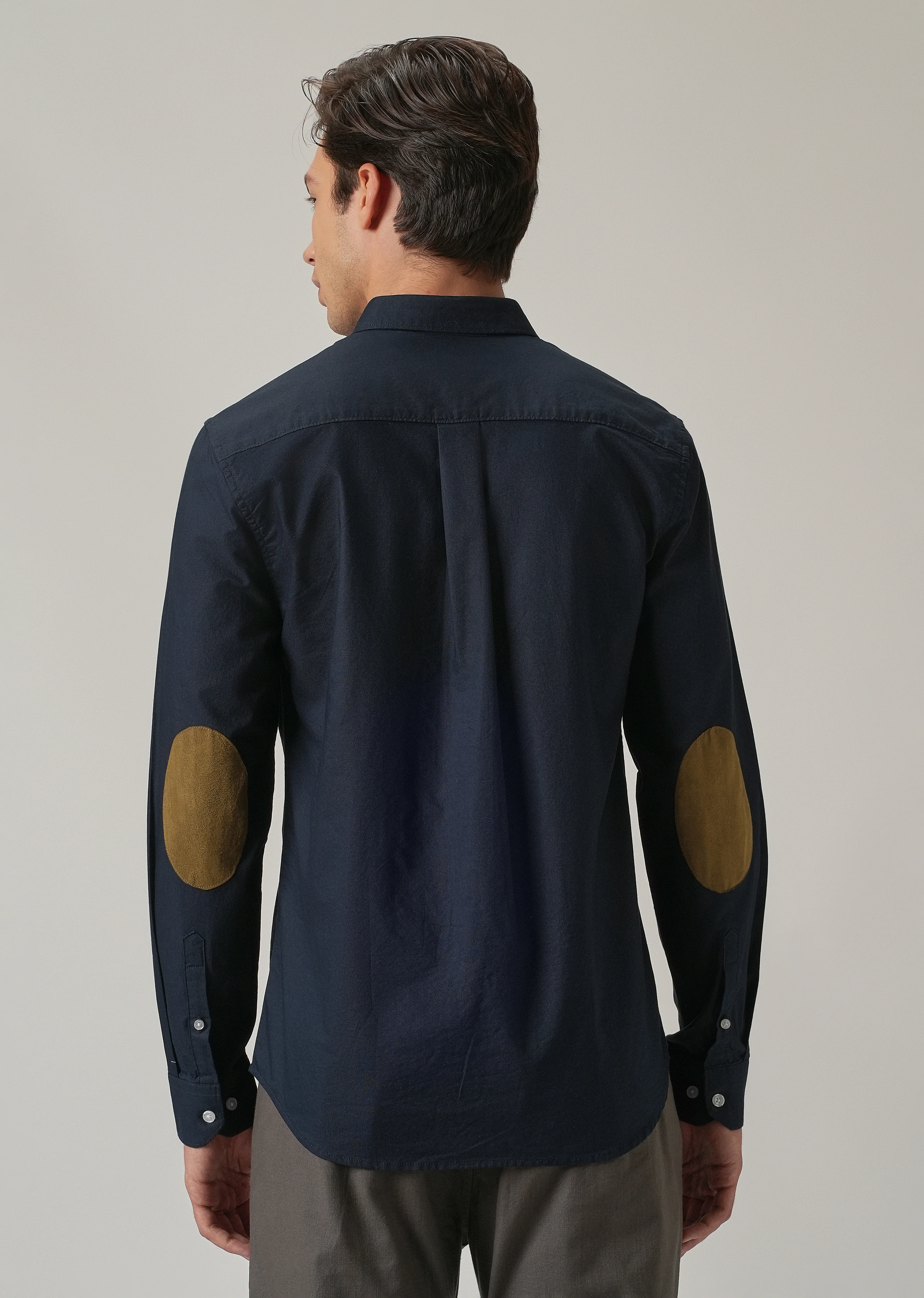 Navy Blue Plain Elbow Patch Oxford Shirt - Image 3