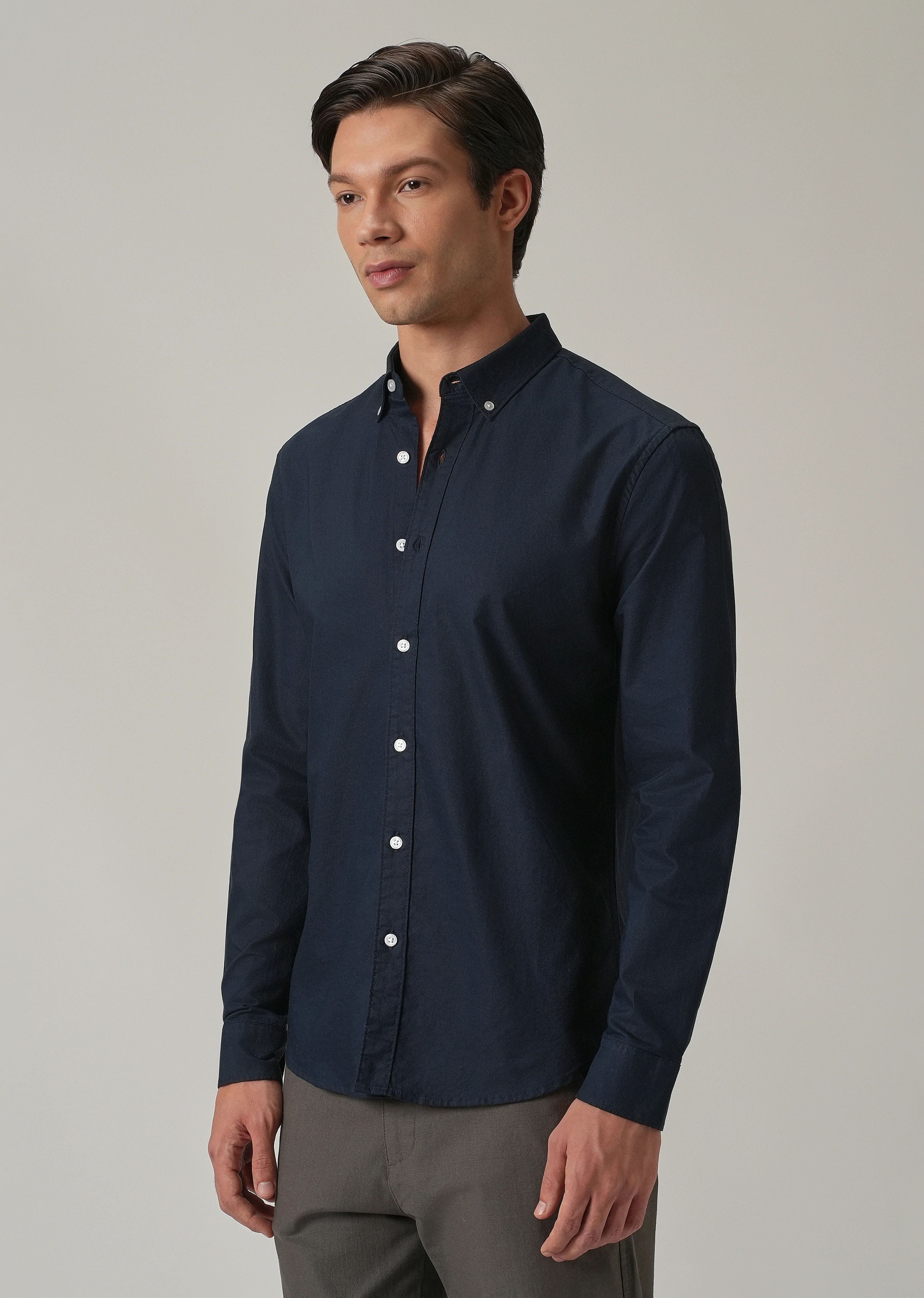 Navy Blue Plain Elbow Patch Oxford Shirt - Image 5